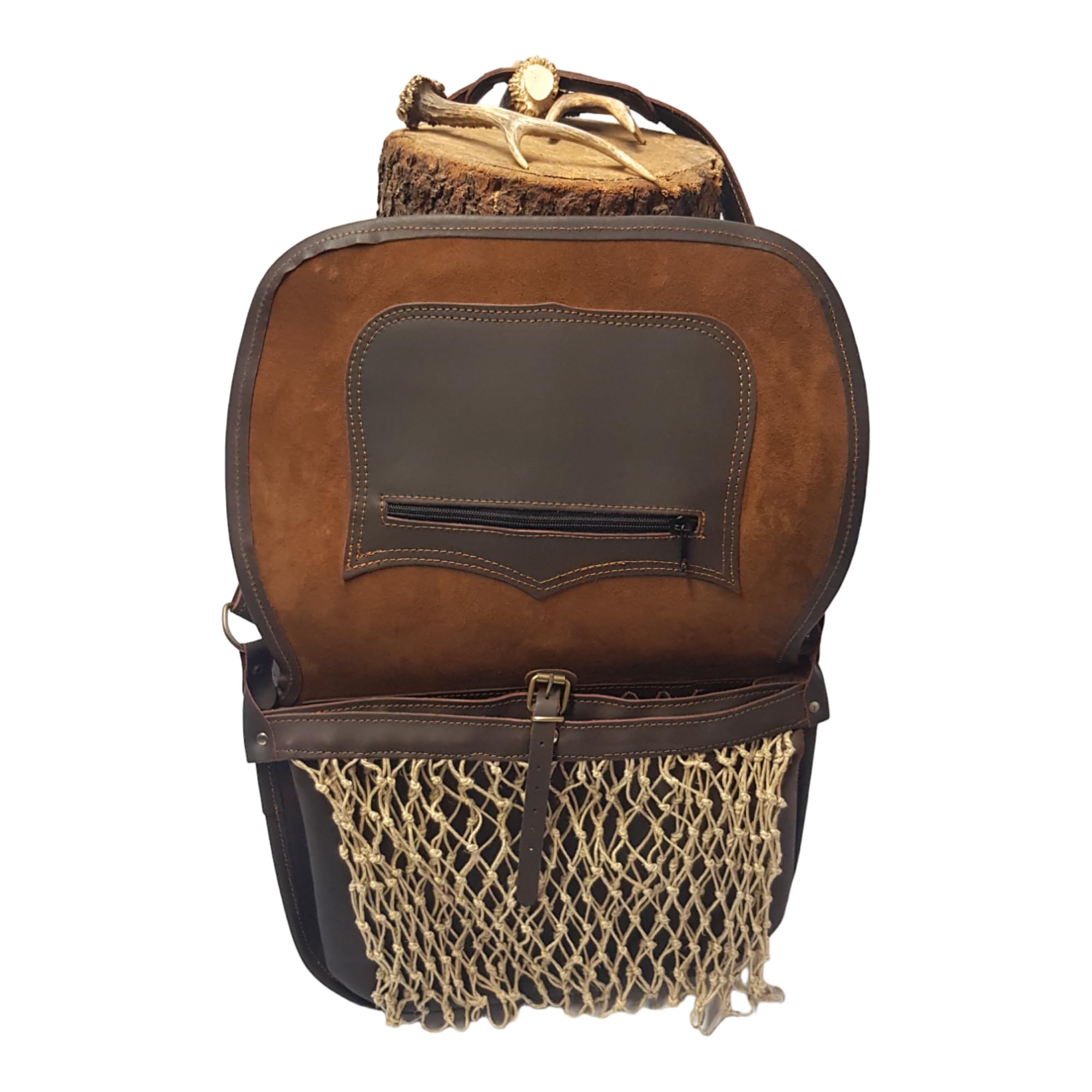 Morral Cuero Caza con Red de cáñamo