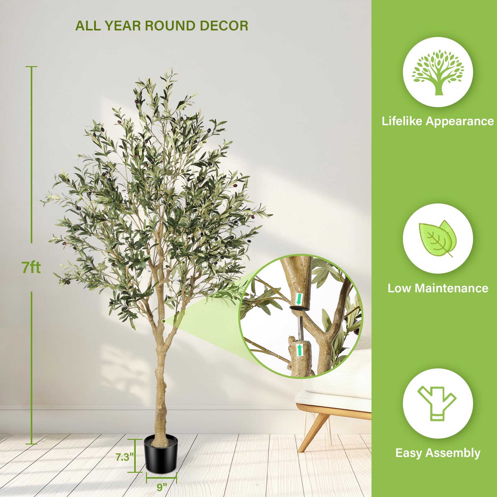 FEELEAD Olivo sintético de 7 pies – Olivo artificial realista de 7 pies para interiores (84 pulgadas) – Árbol de seda de olivo artificial en maceta para interior con tronco de madera natural para