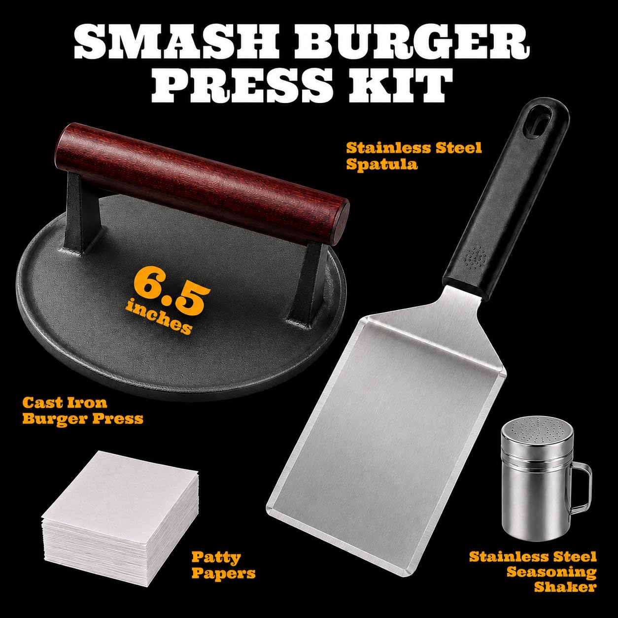 IAN's Zestaw prasy do burgerów Smash – żeliwna prasa do burgerów (16,5 cm), szpatułka do burgerów, łopatka do pieczywa i przypraw, grill, akcesoria Hibachi, prezenty dla taty