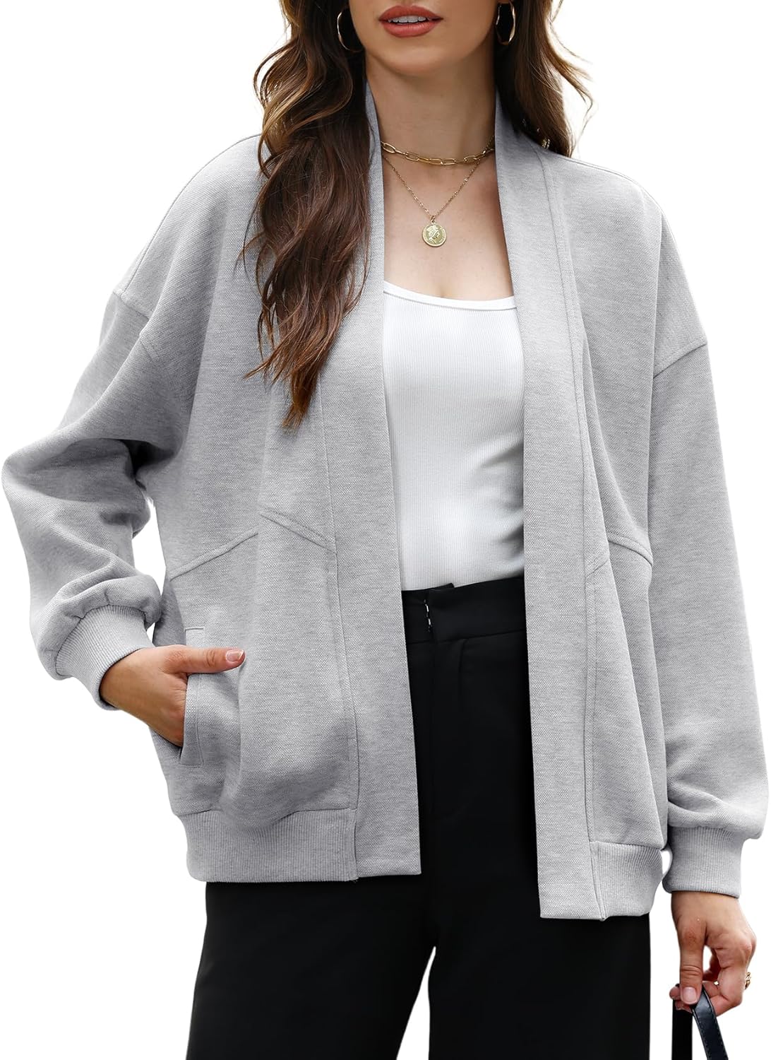 Arssm Women Sweatshirt Cardigan Cotton Oversized Open Front Drop Shoulder Long Sleeve Fall Cardigan(Grey-XL)