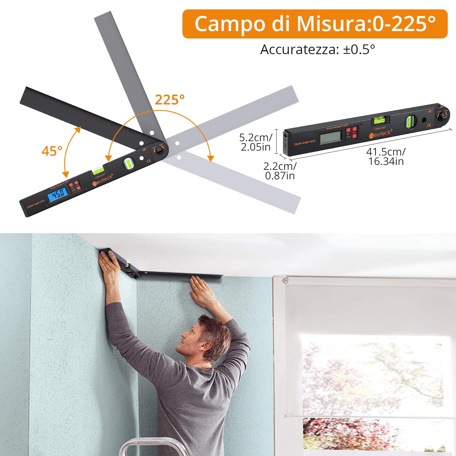 Neoteck 400mm Angle Finder Digitale 0~225° Inclinometro Digitale LCD Retroilluminato + Goniometro Inclinometro Digitale con Display a LED Angle Finder Digitale Ricaricabile Inclinometro Goniometro