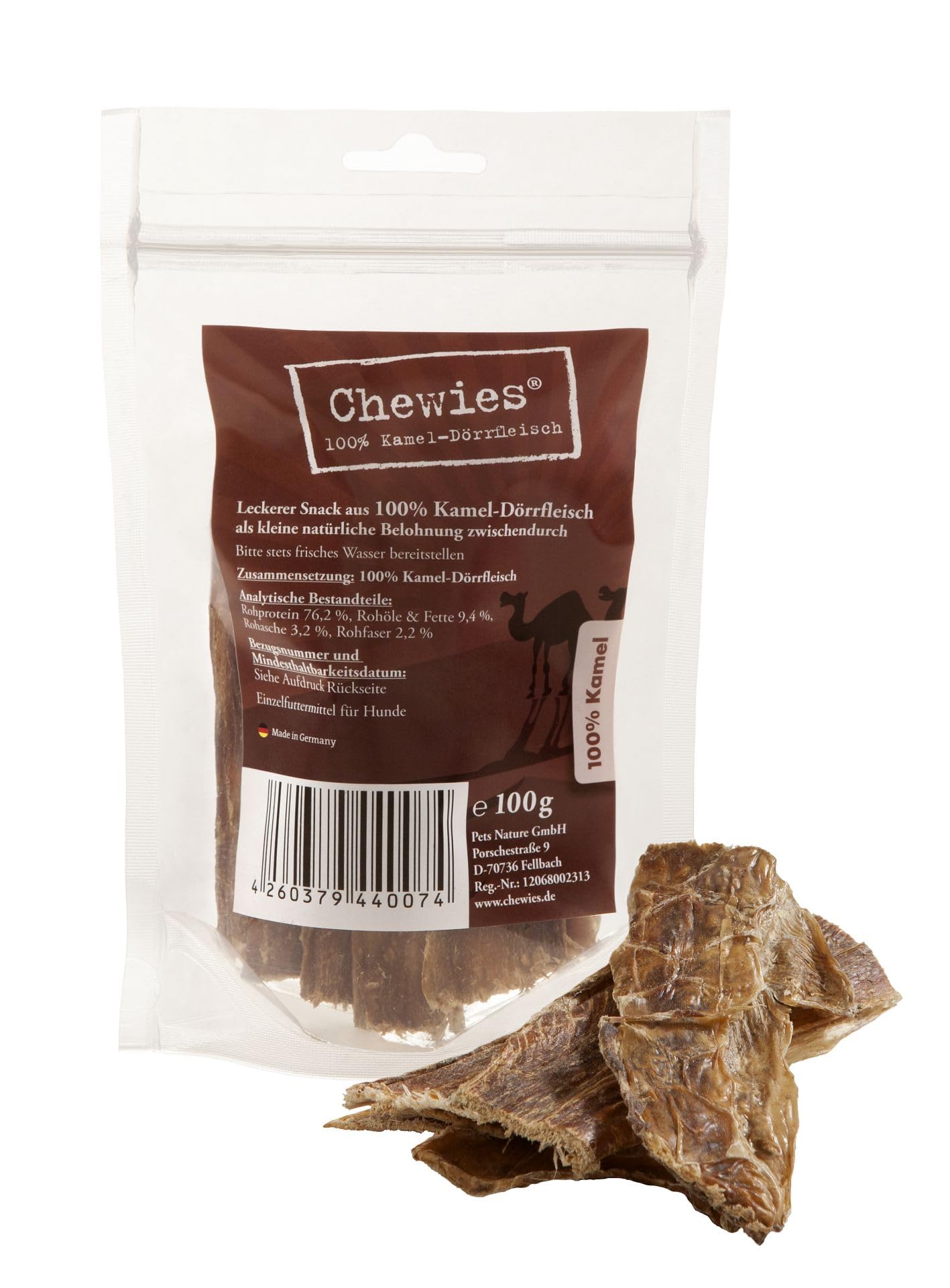 Chewies Carne deshidratada de Camello – 100 g – Bocadillo masticable Natural para Perros – Hipoalergénico y sin aditivos – Aperitivo para Perros con Sabor Intenso