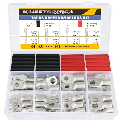 haisstronica Kit de 76 terminales de cable de cobre estañado, terminales de batería resistentes AWG 6 4 2 1, conectores de terminales de batería con