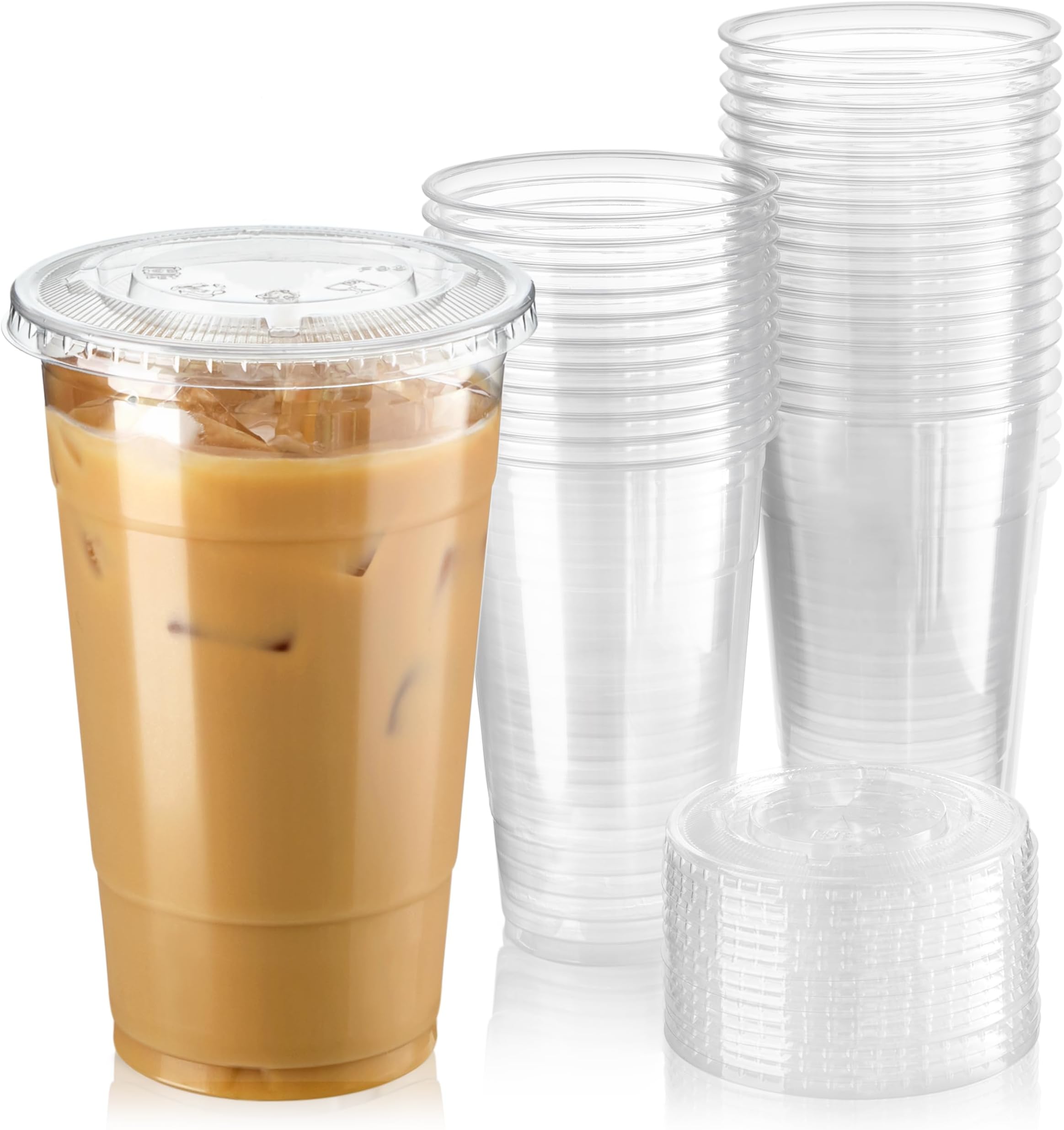 Fit Meal Prep 50 Pack 24 oz Clear Plastic Cups with Flat Lids, Disposable Iced Coffee Cups, BPA Free Premium Crystal Smoothie Cup for Party, Lemonade Stand, Cold Drinks, Juice, Milkshake