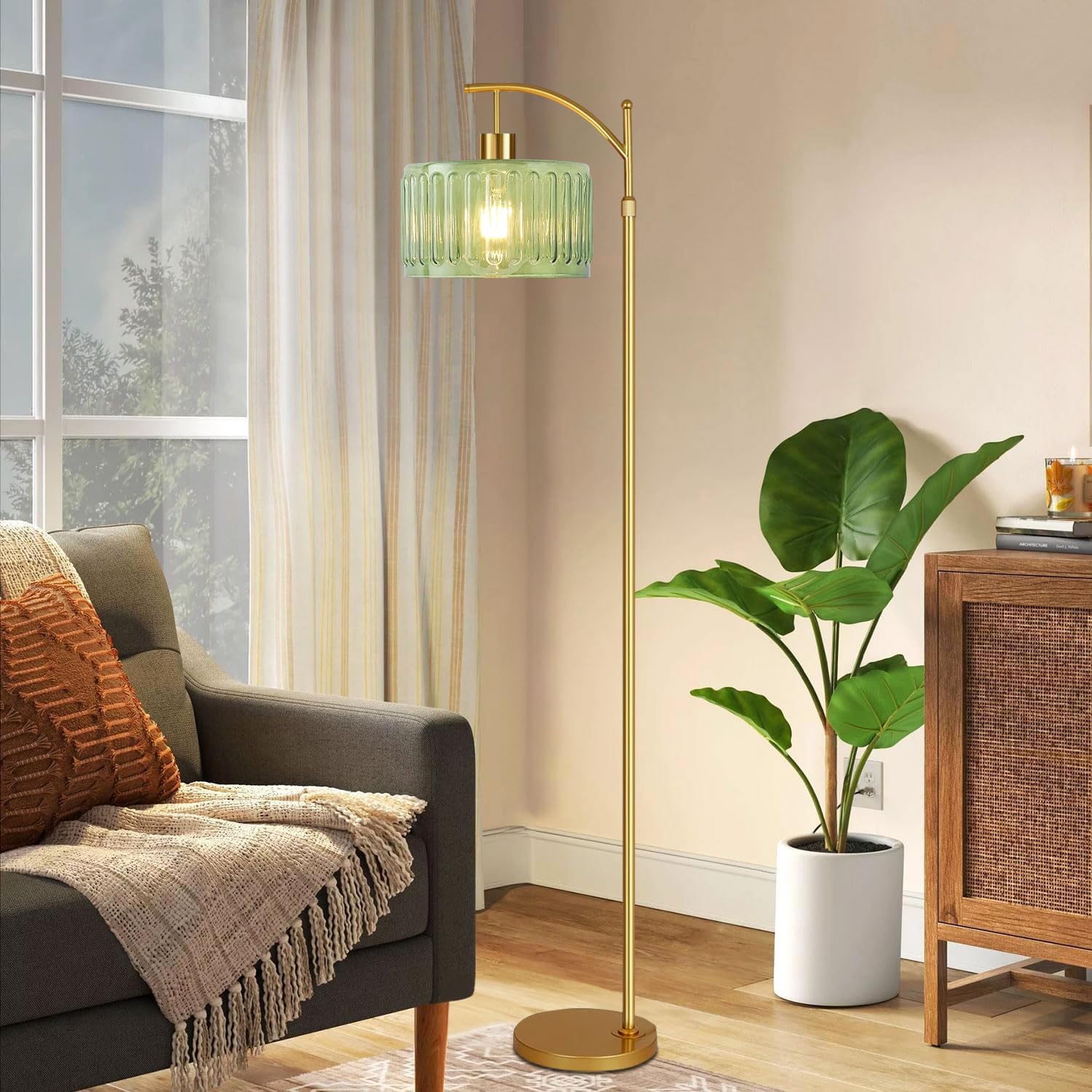 Floor Lamp for Living Room,Bedroom,Gold Dimmable Standing Lamp with Remote,Mid Century Modern Brass Tall Lamp Retro Vintage Glass Lamp Floor Light Boho Bohemian
