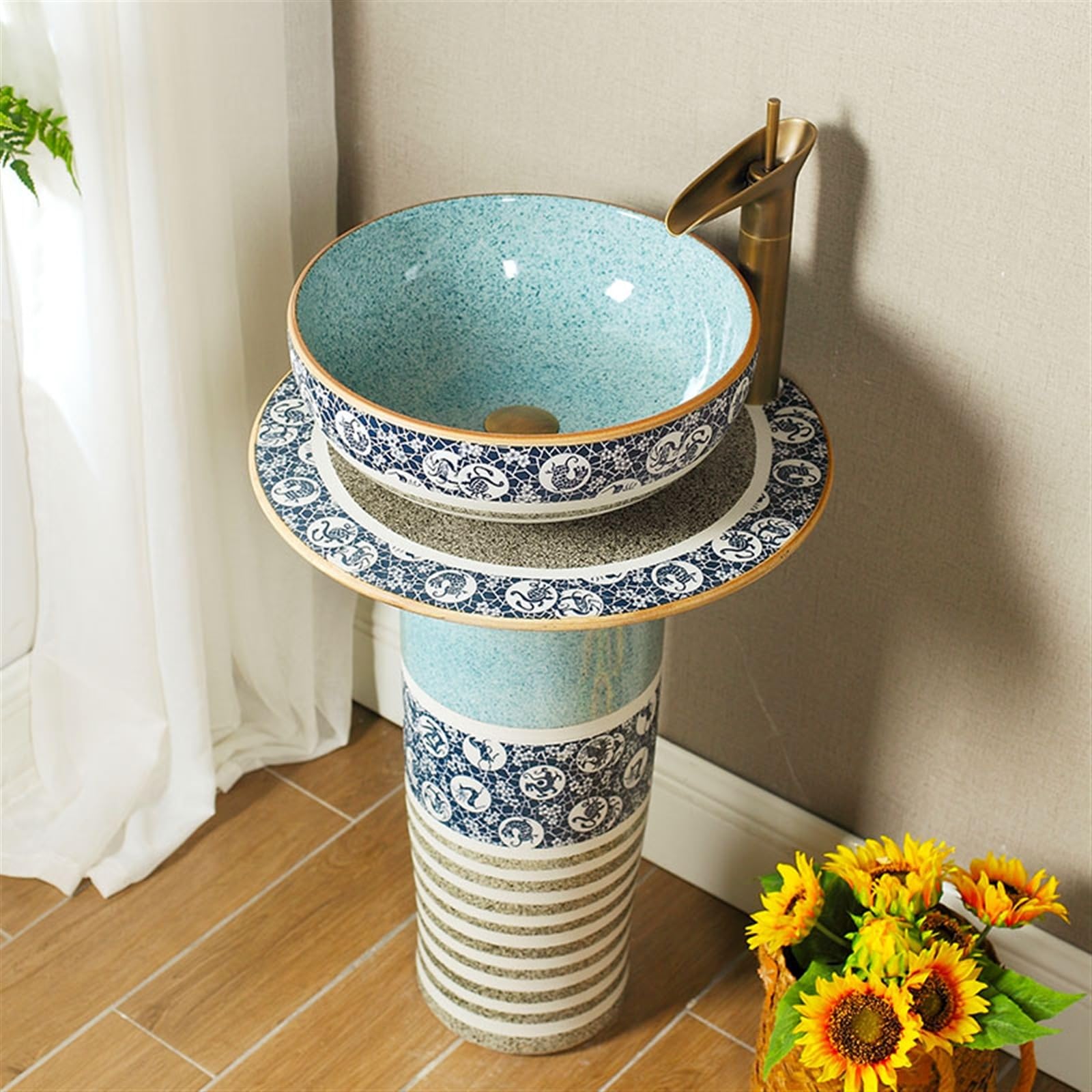 Zlewozmywak łazienkowy na cokole, retro i kreatywna ceramiczna umywalka kolumnowa, 3-częściowa umywalka łazienkowa z podstawą, umywalka podłogowa z kranami, zestaw s(B)