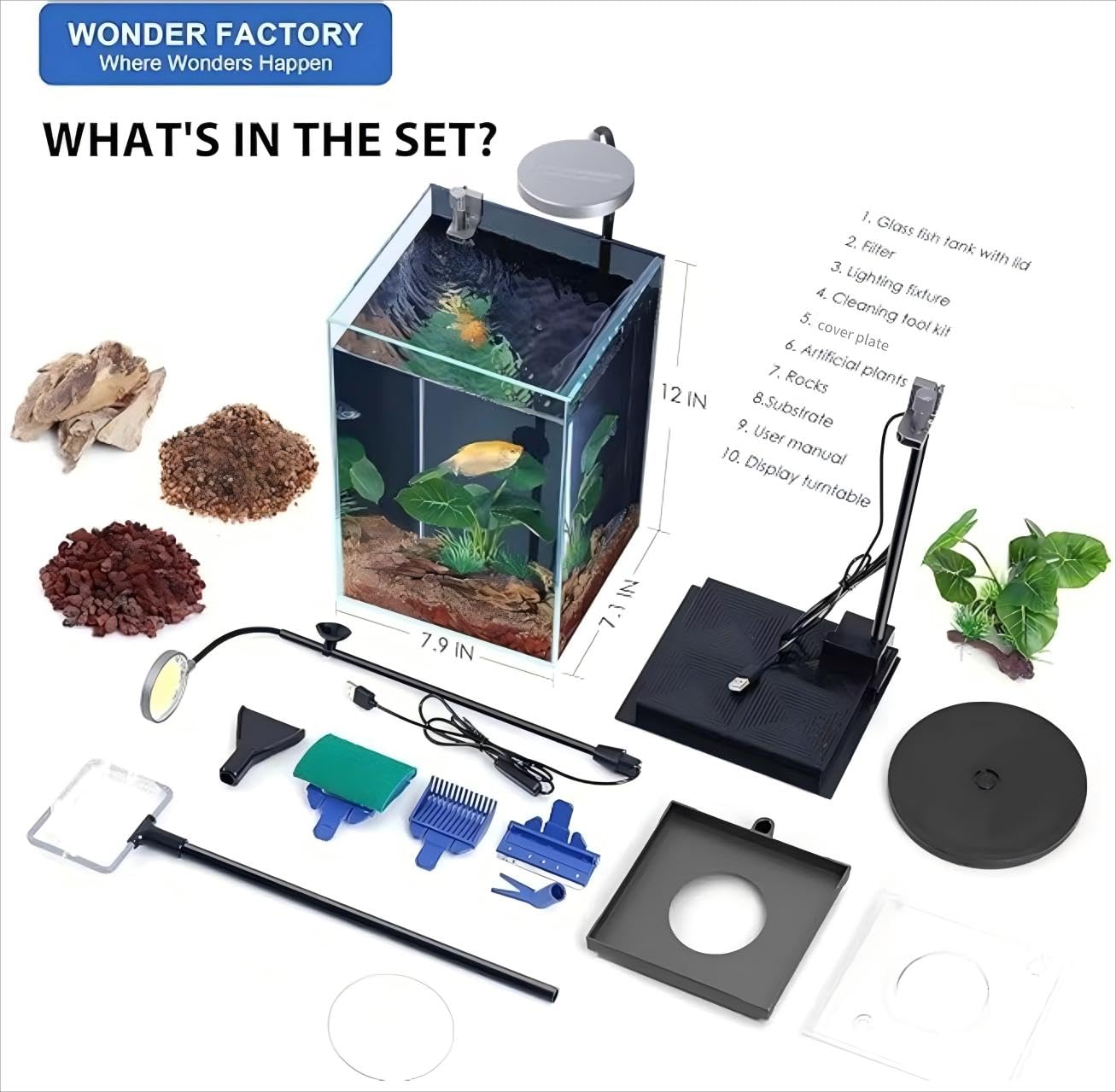 Nano Kit Complet pour Aquarium de Bureau, système de Filtration en Verre avec Fond caché, Filtre autonettoyant, Outil de Nettoyage de Gravier, pour Petit Espace, Installation Facile, Design Peu