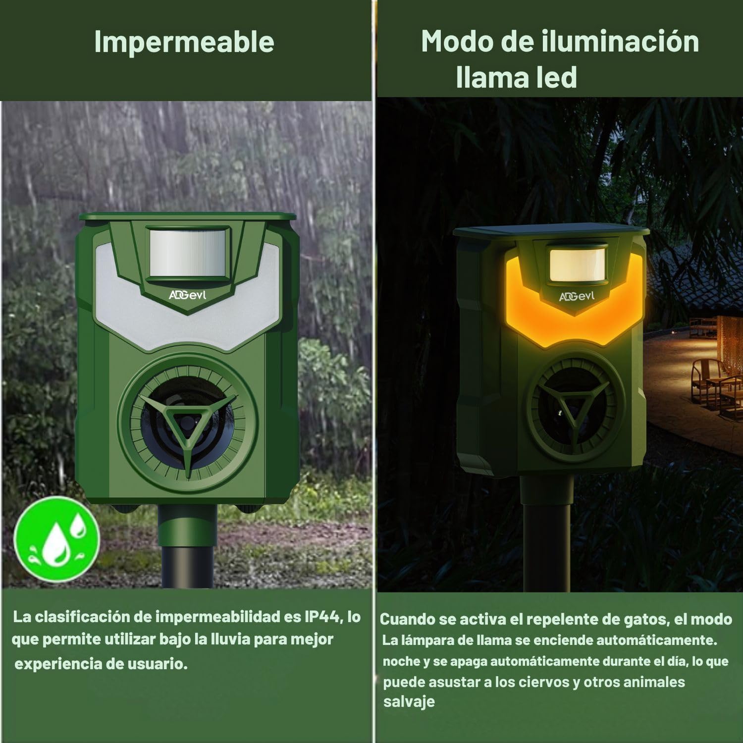Repelente para Gatos ADGEVL Ultrasonido Exterior Potente e Impermeable con Sensor de Movimiento 12m - Recarga Solar/USB - También para Perros y Animales (Zorro, Conejo) - Modelo 2024 - Garantía 1 Año