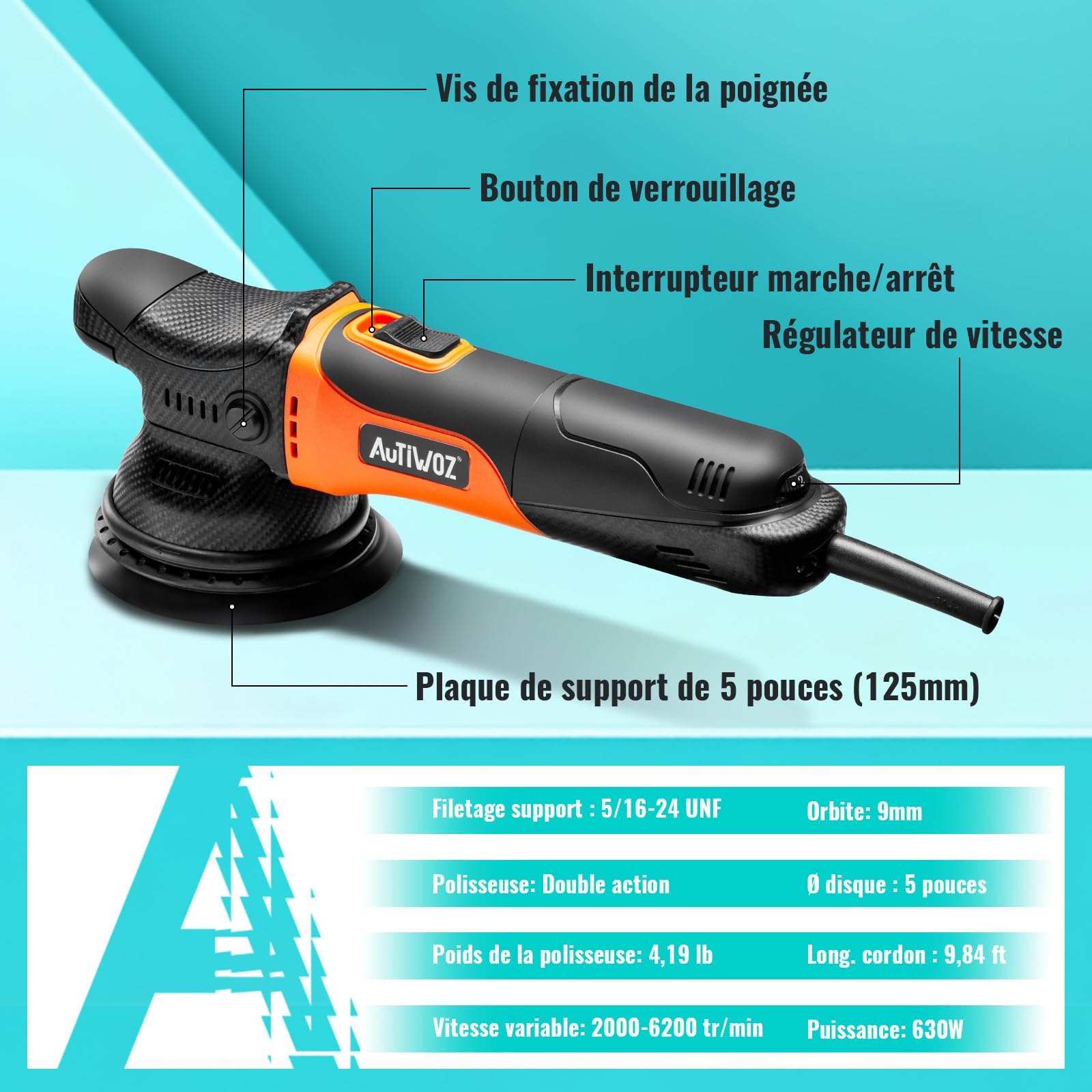 AUTIWOZ 630W Auto Polisseuse Orbitale 9mm,125mm Kit de Machine à Polir | Polisseuse Voiture Compacte Avec 6 Vitesses Variables (2000-6200 tr/min), Pour Automobile,Cirage,Lustrage,Polir,Ponçage - W01