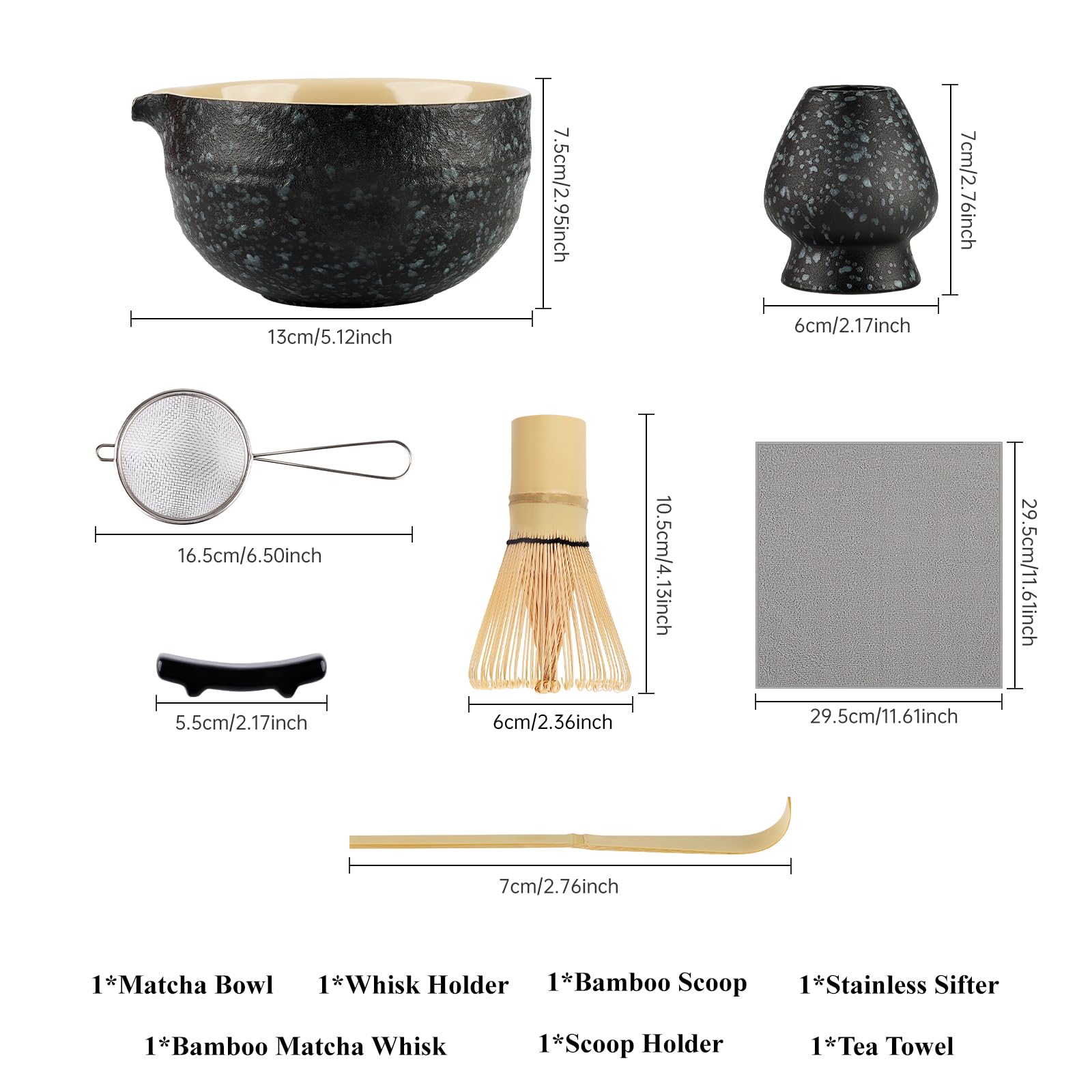 7 Piece Matcha Set, Fouet Matcha, Macha Tea Set with Matcha Spoon, Whisk Holder, Matcha Balai, Shovel, Strainer, Matcha Kit Traditional Japanese Tea Ceremony Best Gift for Lovers, Noir moucheté