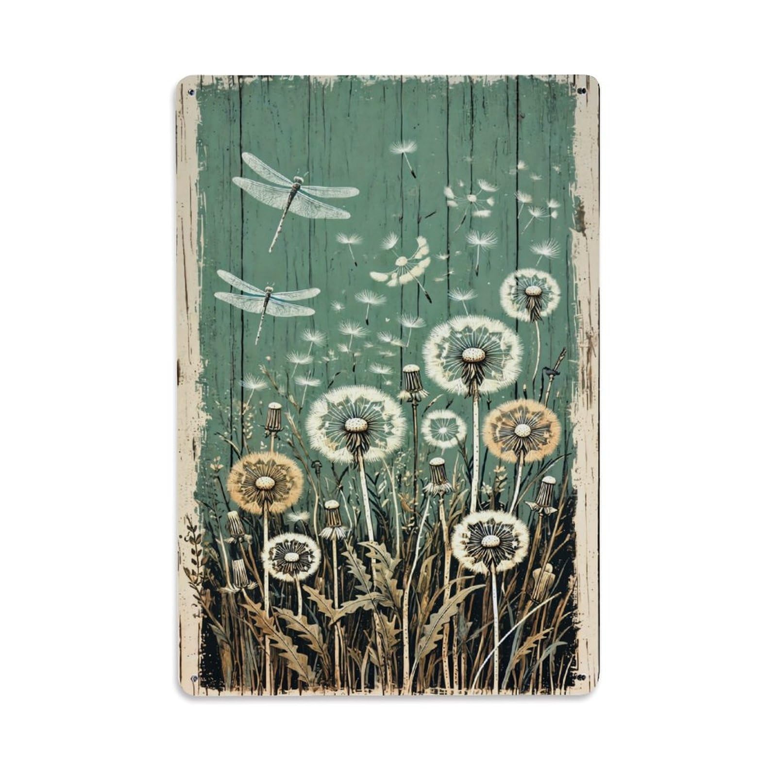 Bliveurn Vintage Dandelions And Dragonflies On Wood Retro Metal Tin Sign, Metal Poster For Home, Gaming Room, Studio Workshop,Bar,Garage Wall Art Decor 8X12 Inch