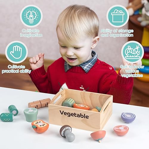 Miniatura 3 de Juego de 10 alimentos de madera vegetal para cocina de niños, juguetes de madera para cortar alimentos, accesorios de cocina con caja de