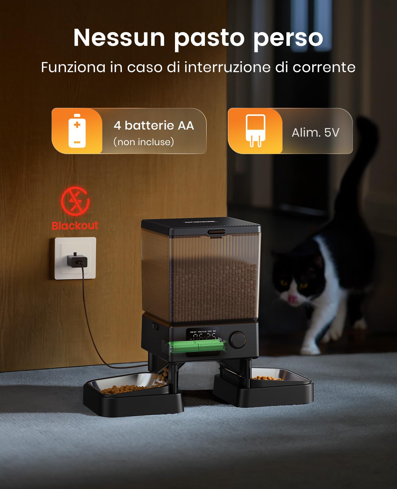 oneisall Distributore Automatico Cibo Gatti 5L 2 Mangiatoia Automatica One Button per Cani, con Ciotola in Acciaio Inox, Registratore Vocale
