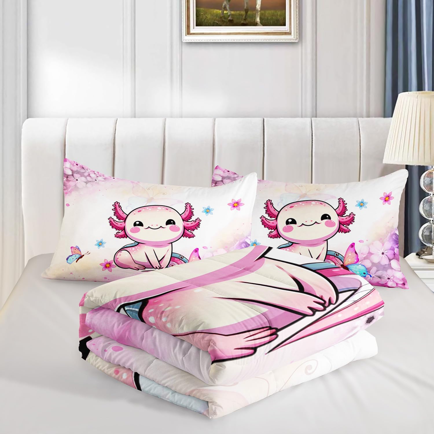 Cartoon Axolotl Comforter Kids Bedding Set,Axolotl Flower Butterfly Bedding Twin Size for Boys Girls Room Kawaii Decor,Pink Toddler Comforter Sets with 2 Pillowcases. - Image 4