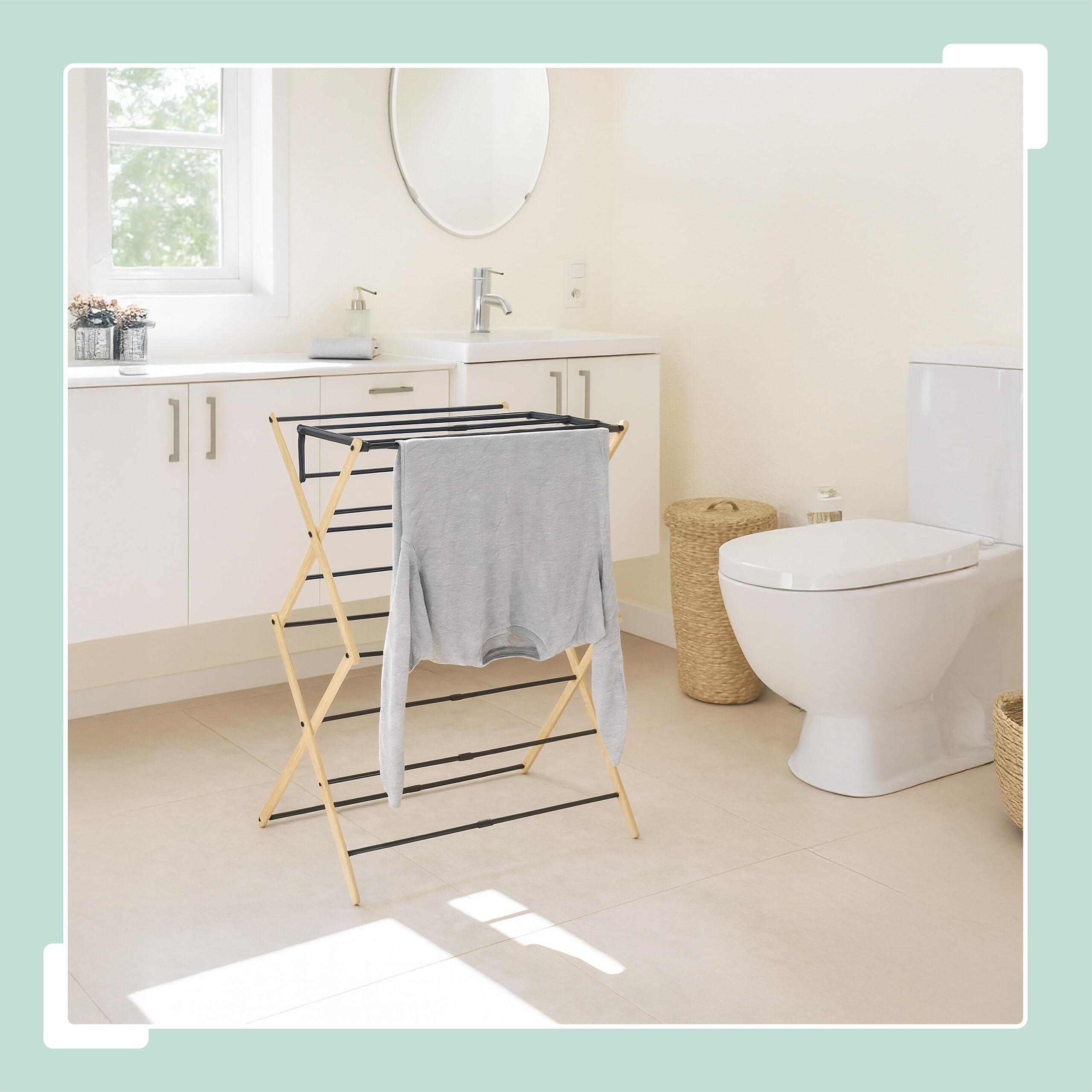 Tendedero Relaxdays, Plegable, Extensible, 11 Barras, HxBxT: 107 x 43-74 x 37 cm, bambú y Metal, Natural/Negro