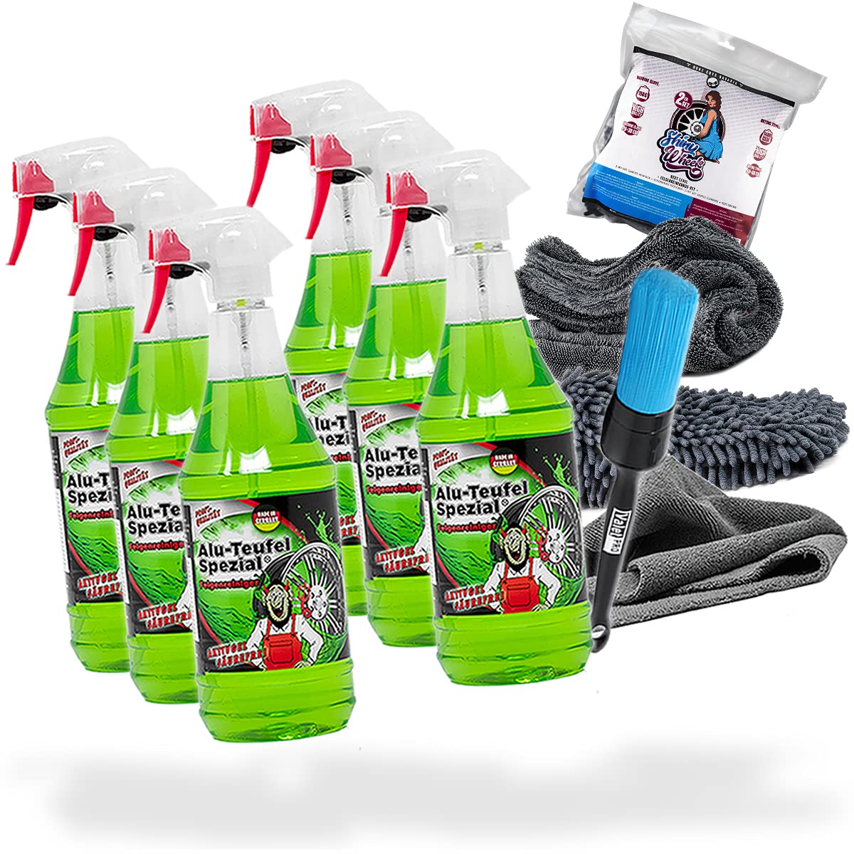 detailmate Juego de Limpieza de Llantas: 6X Tuga Chemie ALU-Teufel 1L Limpiador de Llantas + Juego Nuke Guys Shiny Wheels con paño y manopla Lavado + Cepillo para Llantas ValetPRO + paño Microfibra