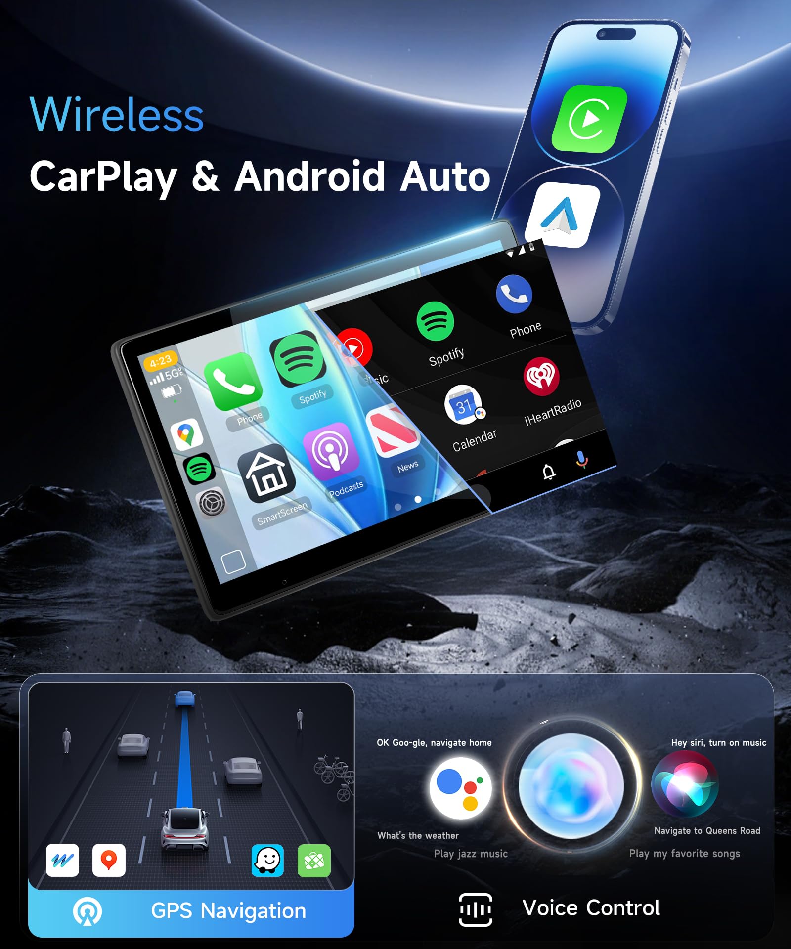 Rimoody Tragbarer Auto TV Kopfstützen Monitor Player für den Rücksitz mit Carplay Android Auto You-Tube Bluetooth, 10,1 Zoll IPS Touchscreen Videoplayer, Mirror Link/FM Transmission/AUX 64 G TF Karte