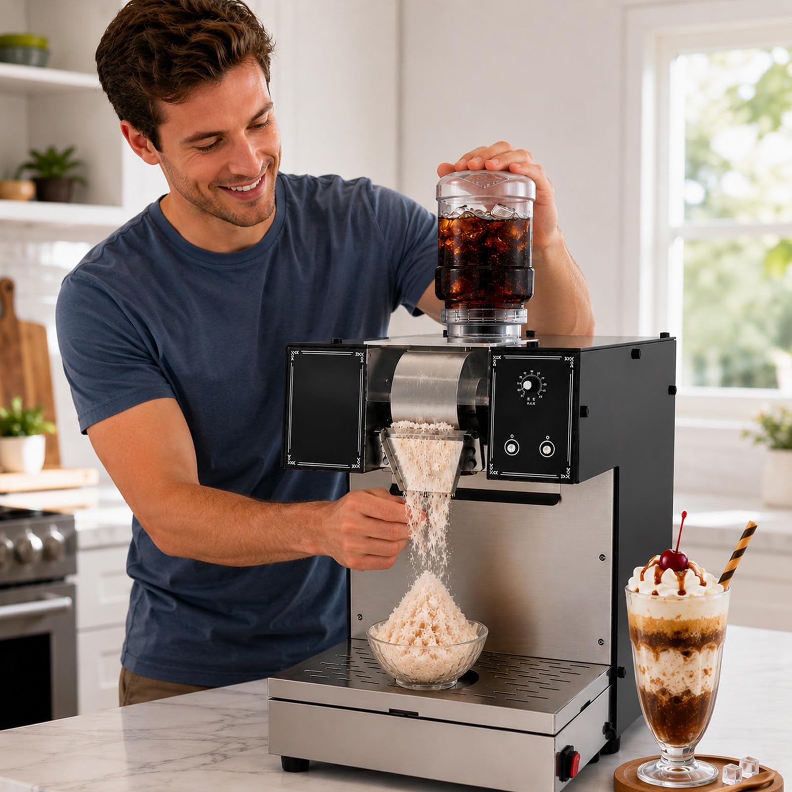 High-Capacity Crushed Ice Maker Commercial Unit, 180kg Daily Efficiency, 0-100 Speed Control for Fluffy/Ice, 304 Steel & Splash Shield. Perfect Shaved Ice Machine for Juice Bars and Summer Markets.