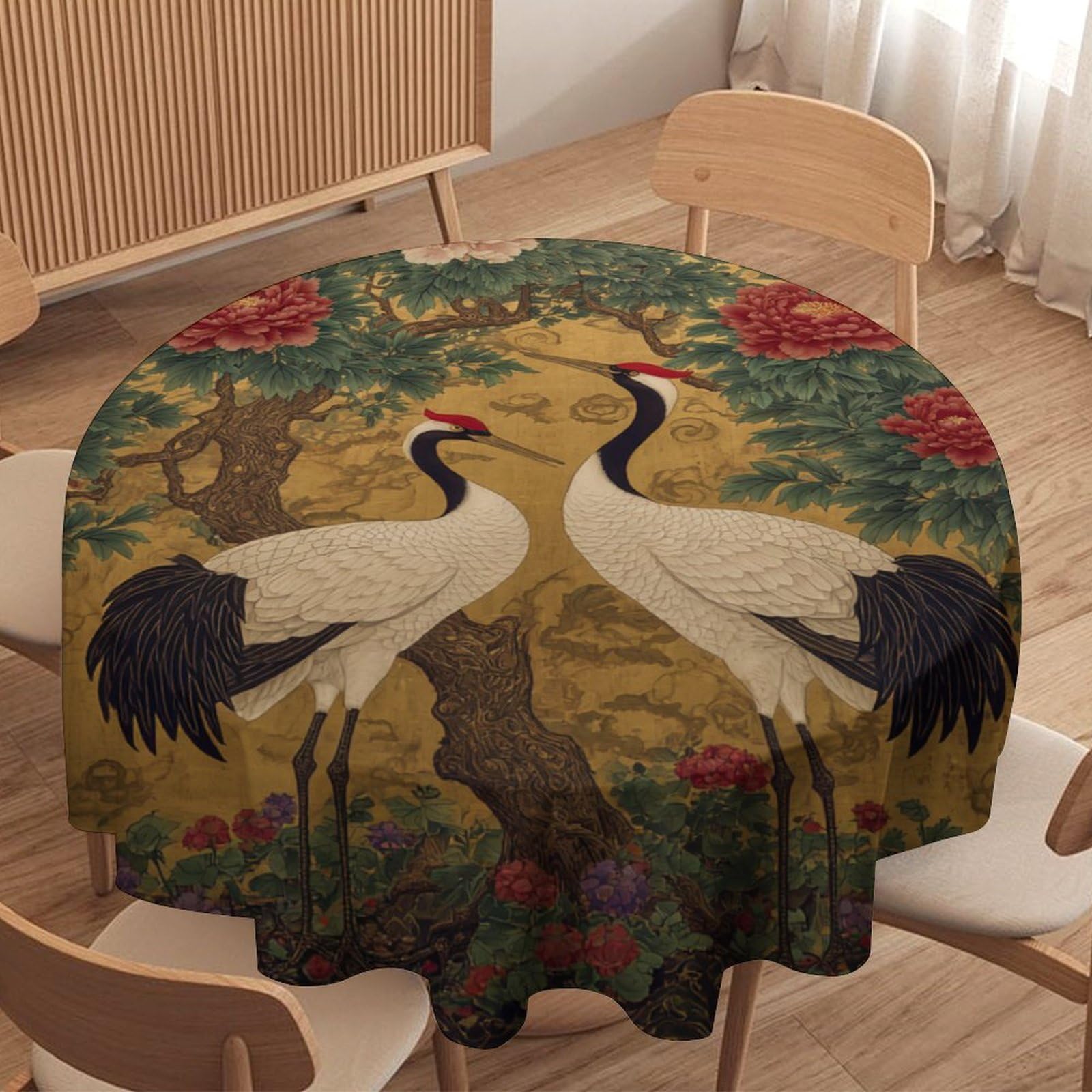 LUYYSKY Japanese Realistic Animals Crane Round Tablecloth Retro Oil Painting Plants Peony Flowers Animals Crane Pattern Washable Decor for Table Cover for Kitchen-177.8" Wx177.8 L cm