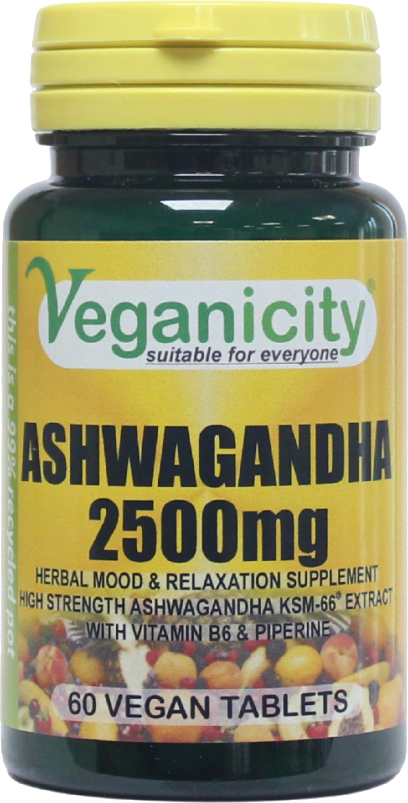 Veganicity Ashwagandha (KSM-66) 2500mg : Memory and Mood Supplement : 60 Tablets, in a Planet-Friendly 99% Recycled Pot