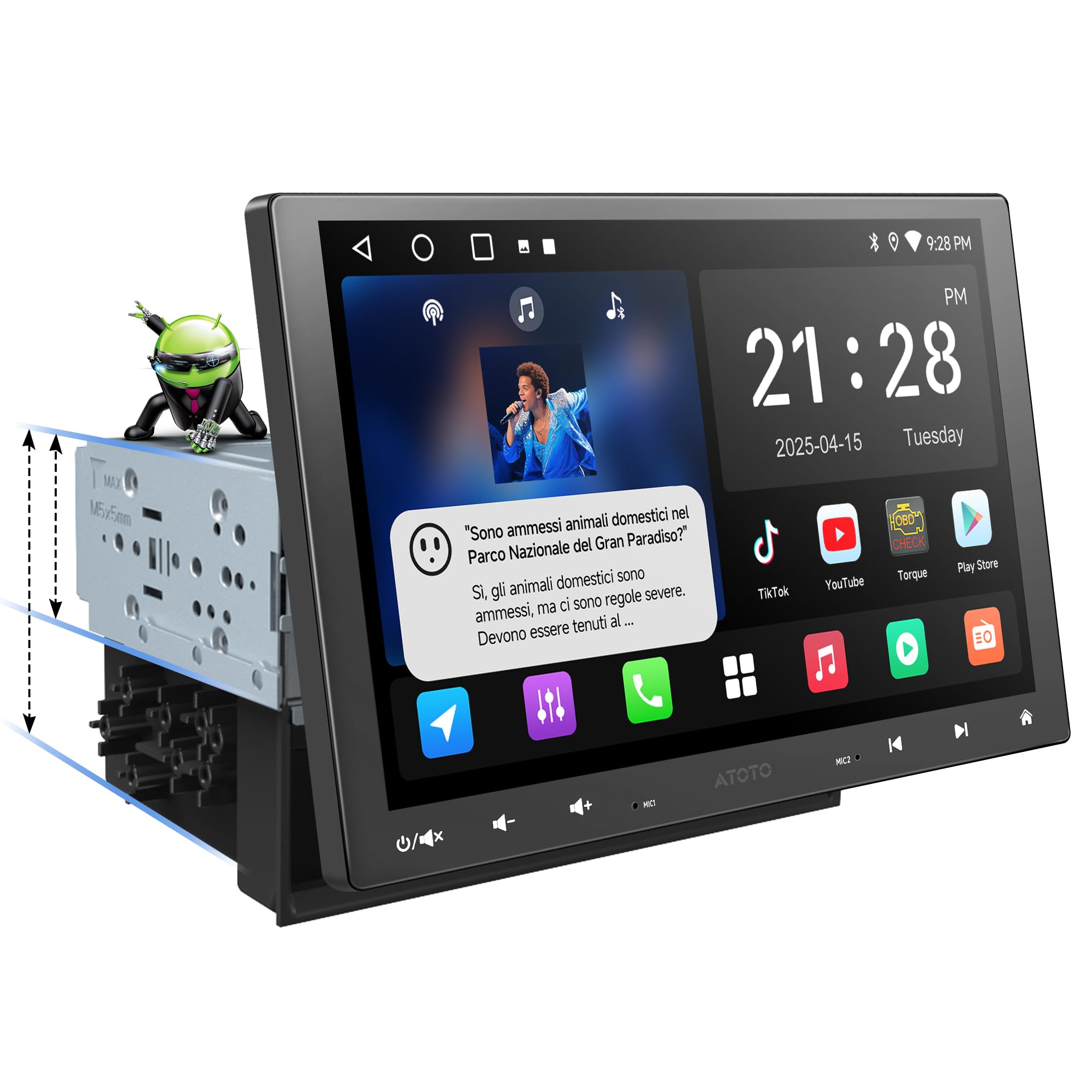 ATOTOZONE A5L Autoradio Android 10 Pollici Adattivo per 1DIN&2DIN, Schermo Futtuante, CarPlay e Android Auto Senza Fili, Tethering via WiFi/BT/USB, Mirrorlink, DSP/FM/RDS, GPS Navi, 2G+32G, A5LG110T
