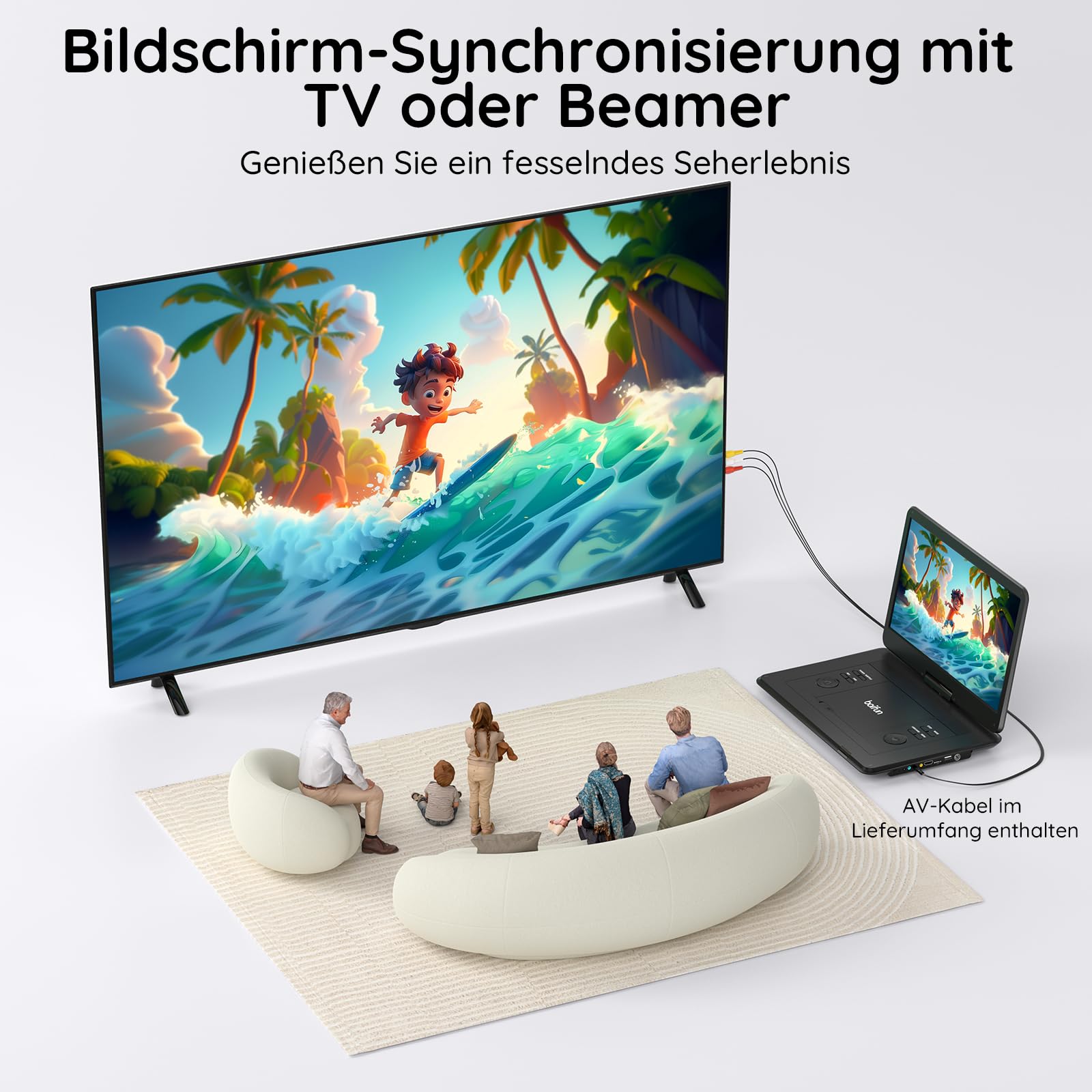 17,5 Zoll Tragbarer Fernseher mit Integriertem DVD-Player, Digitalem DVB-T2-Tuner, Akku, HDMI-Eingang, FM-Radio, USB-Anschluss, SD-Kartensteckplatz und AV-Ausgang