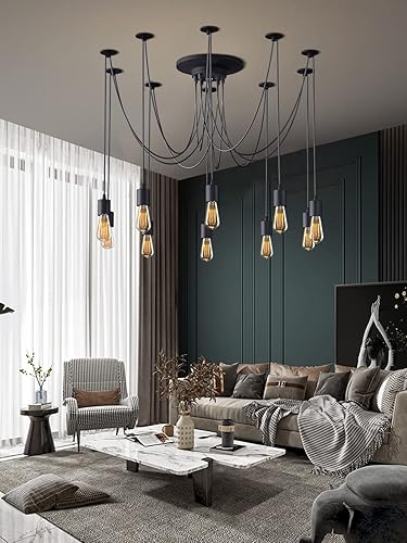 Miniatura 3 de Fuloon Vintage Edison - Lámpara de araña de techo ajustable múltiple para bricolaje, lámpara colgante moderna y elegante, industrial con control