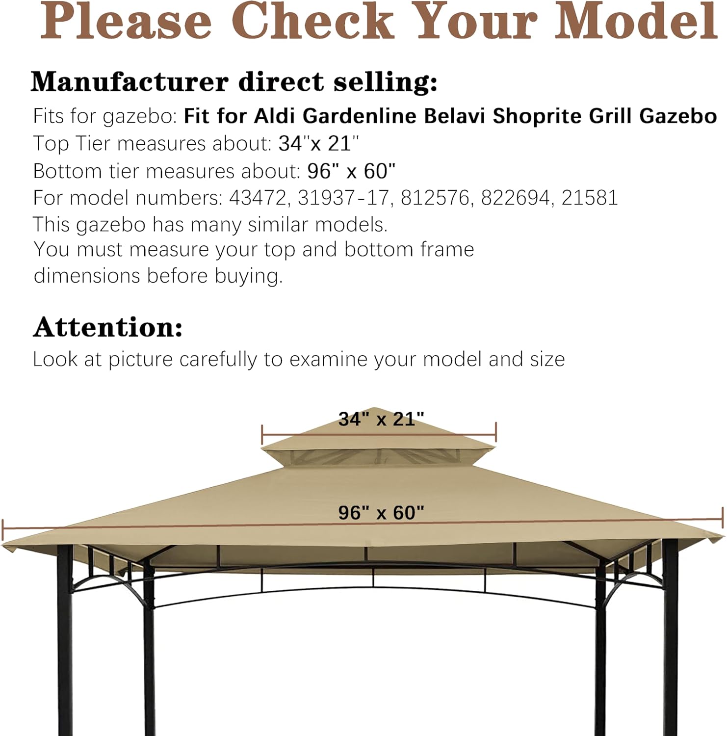 SCOCANOPY Gazebo Replacement Cover Compatible with Aldi Gardenline Belavi Shoprite Grill Gazebo,for Model Number: 43472,812576,822694,31937-17,21581,(Sand)