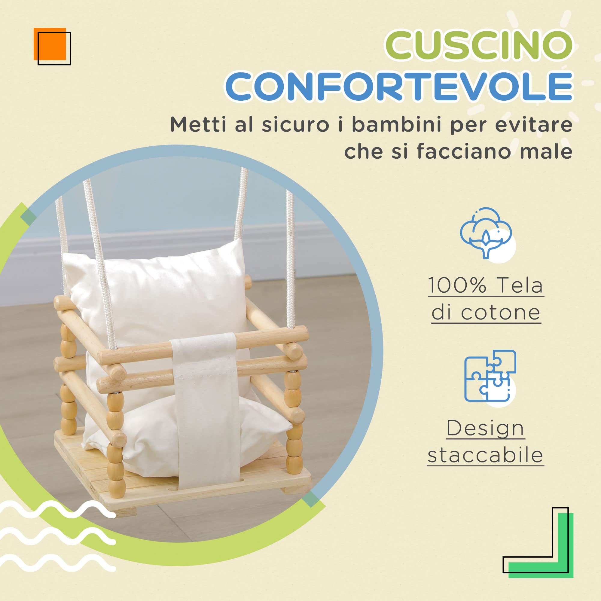 AIYAPLAY Altalena per Bambini 9-36 Mesi in Legno e Cotone per Interni ed Esterni con Corda Regolabile e Cuscino Rimovibile, 30x30x110-180 cm, Color Legno e Bianco