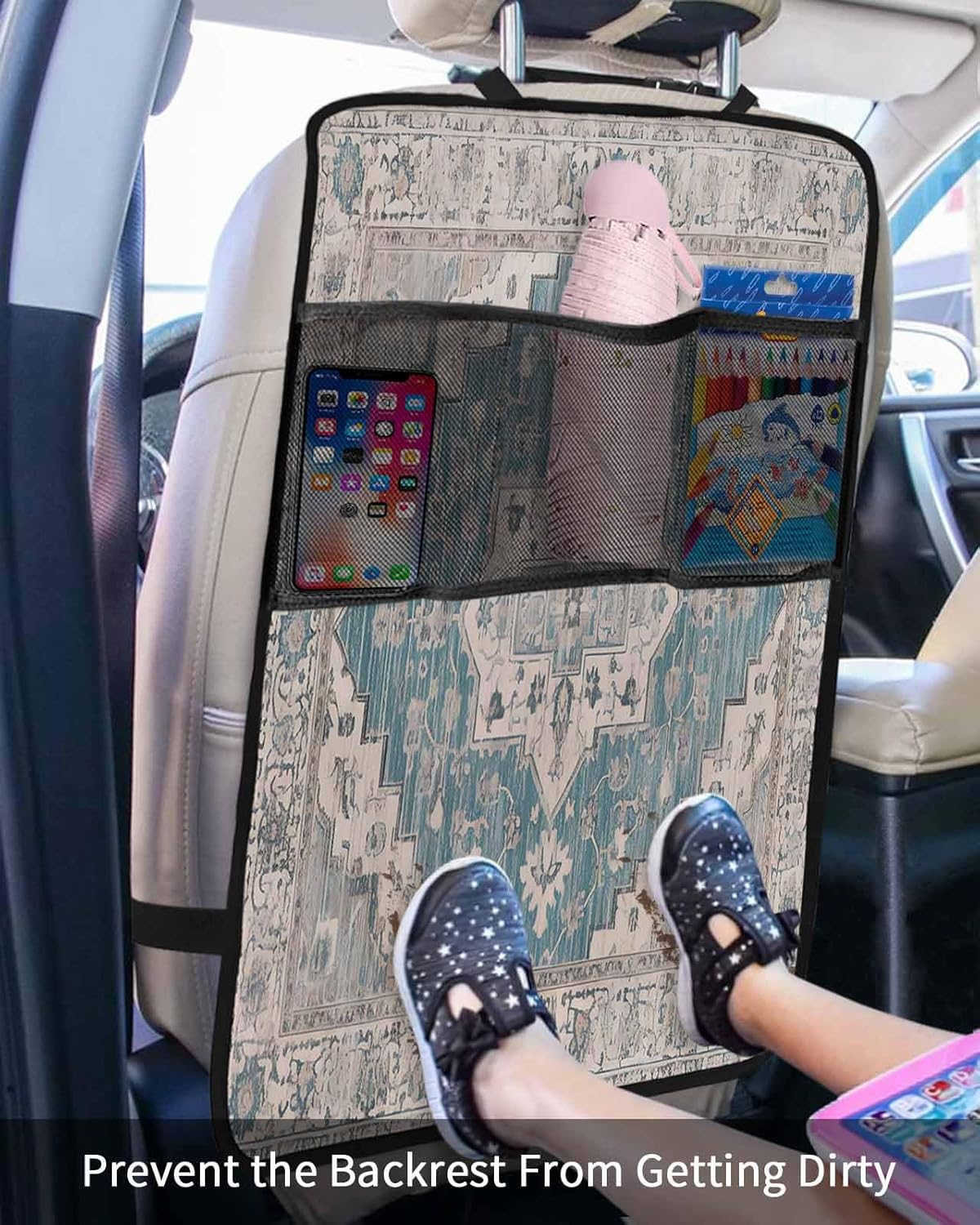 Car Seat Protector, 2 Pack Kick Mats with Organizer - 3 Pocket Storage, Turkish Patterns Medieval Wallpaper Vintage Murals Back Seat Cover for Kids Universal Fit Automotive Interior Protectors