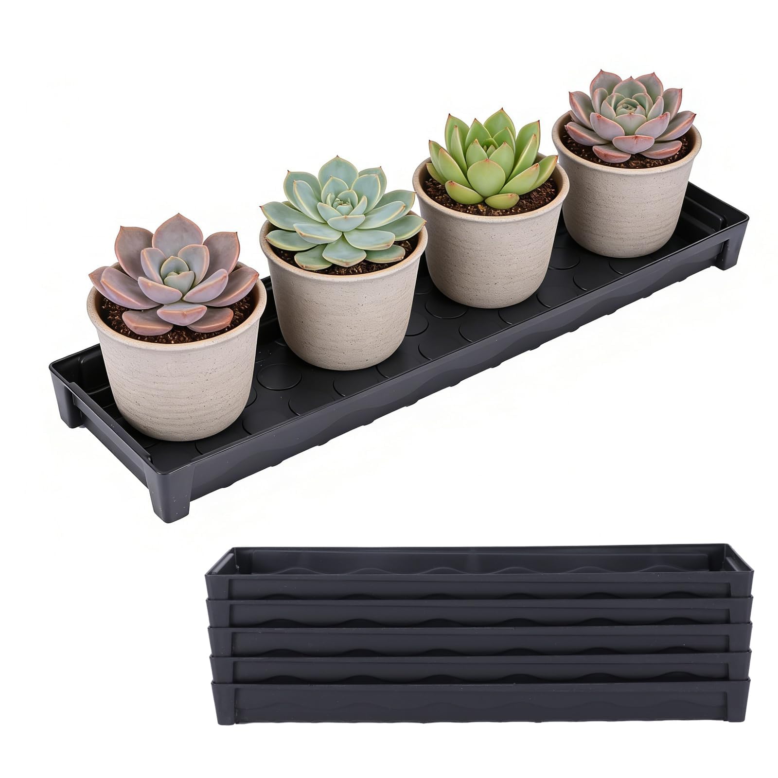 Punorric 6 Pack Square Plant Tray - Heavy-Duty Plastic Potting Tray & Plant Saucers with Drain Plug for Indoor/Outdoor/Garden/Hydroponic/Succulent Pots (41x11.5x4cm, Black)