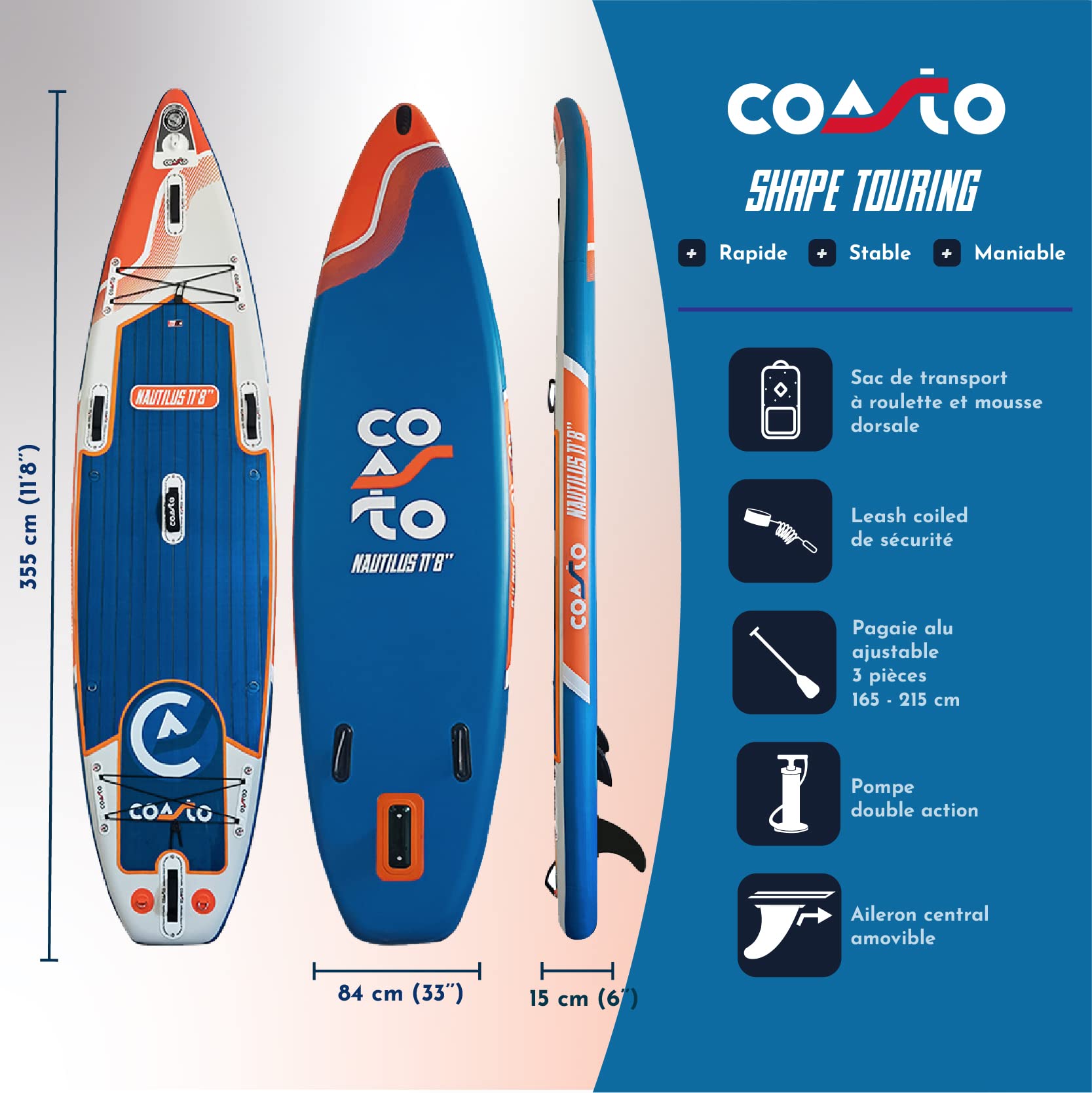 Coasto Nautilus Tabla Sup, Adultos Unisex, Teal/Naranja, 11'8"