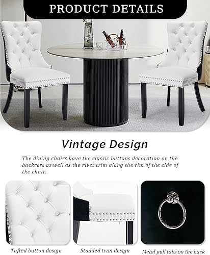 Miniatura 5 de Juego de 4 sillas de comedor de cuero tapizadas con ribete de cabeza de clavo y patas de madera maciza para cocina, restaurante, blanco y negro