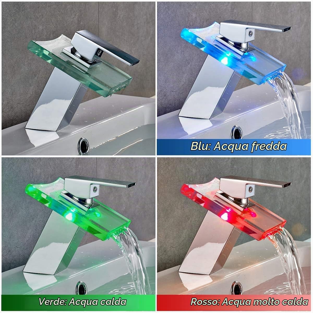 RGB LED Rubinetto di Vetro Elegante Cromata Cascata Bacino del Miscelatore e Bacino per Il Bagno Cucina