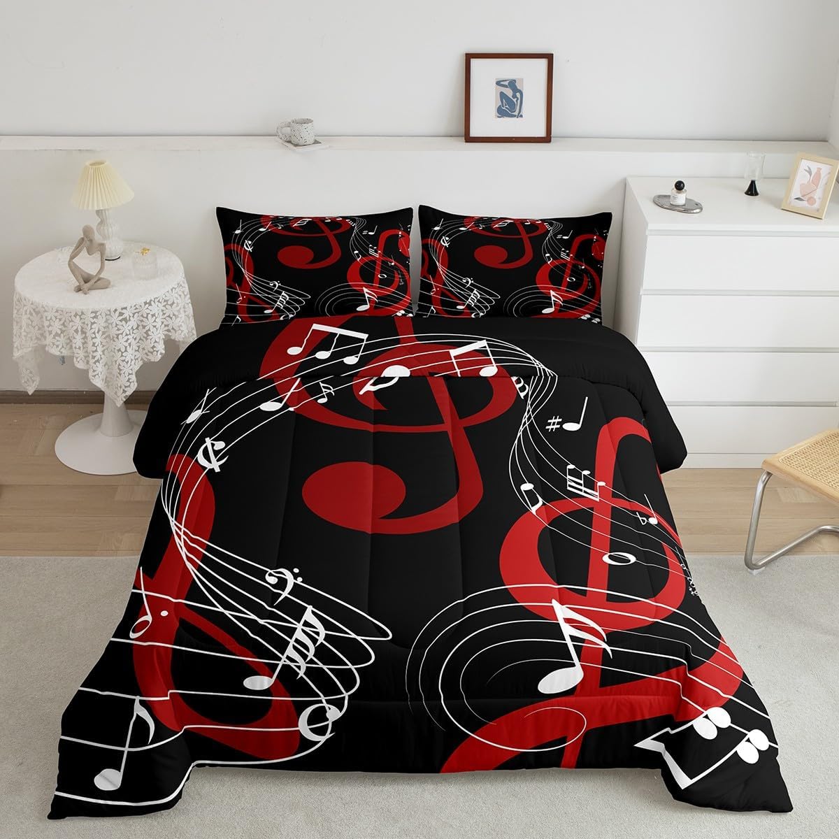 Musical Notes Comforter Set Queen Size,Red Black and White Bedding Set 3pcs for Kids Boys Girls Women Room Decor Abstract Music Theme Quilted Duvet Men Modern Soft Duvet Insert,2 Pillowcases