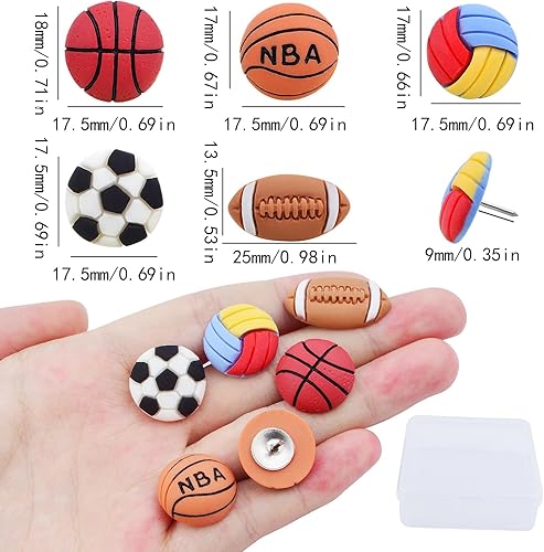 Miniatura 3 de 30 pines de presión decorativos de resina para fútbol, baloncesto, béisbol, rugby, tachuelas para pulgares con una caja para tablón de anuncios