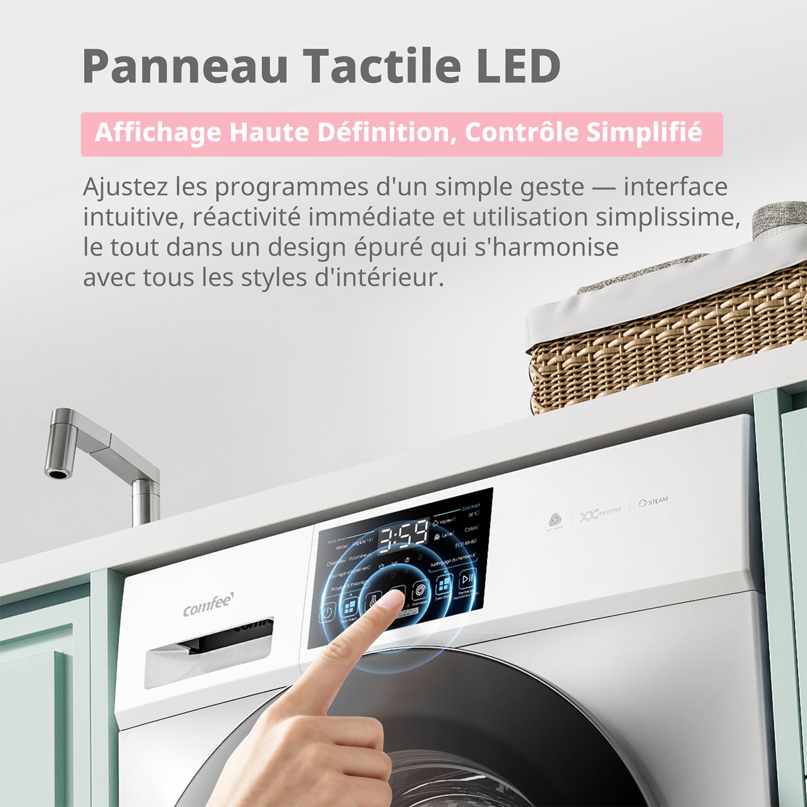 COMFEE' CFP03EW100W-FR Lave-linge autonome, Capacité 10KG, Classe A -10%, 12 programmes, Soin Vapeur, Moteur BLDC, Woolmark, Panneau Tactile, Blanc [Classe Énergétique A] [Energy Class A]