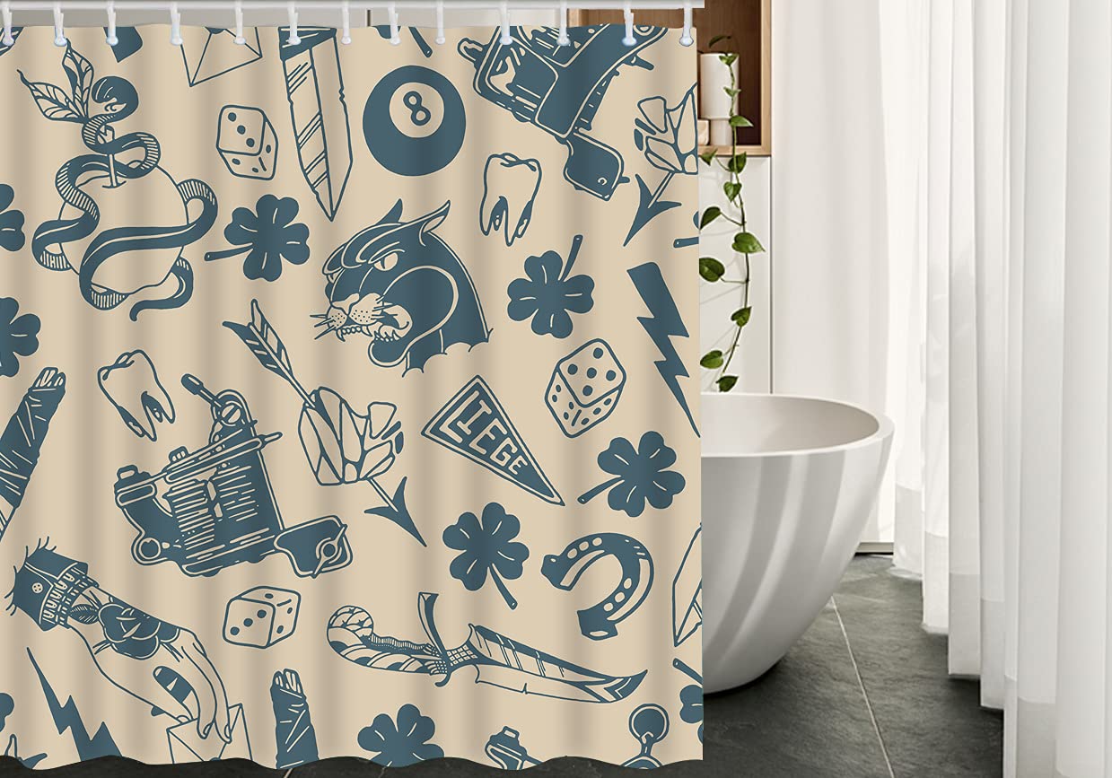WONDERTIFY Traditional Tattoo Shower Curtain Dice Clover Knife Lightning Bolt Panther Machine Tooth Snake Horseshoe Arrow Bathroom Curtains, Machine Washable, Water-Repellent Vintage 72x72Inch
