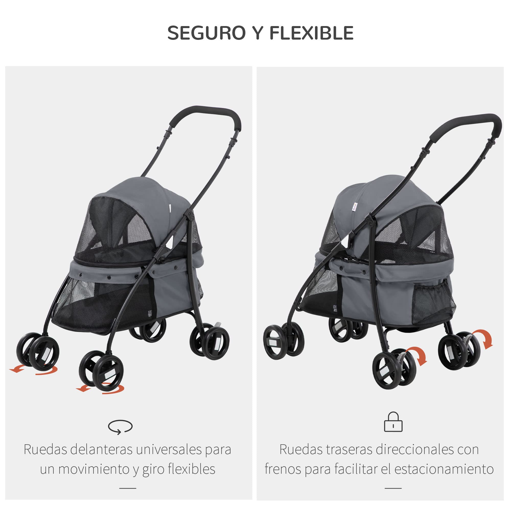 PawHut Carrito para Perros Plegable Cochecito para Mascotas Cochecito para Perros Pequeños con Ventanas de Malla Cojín Lavable Correas de Seguridad y Marco de Acero Carga 10 kg Gris