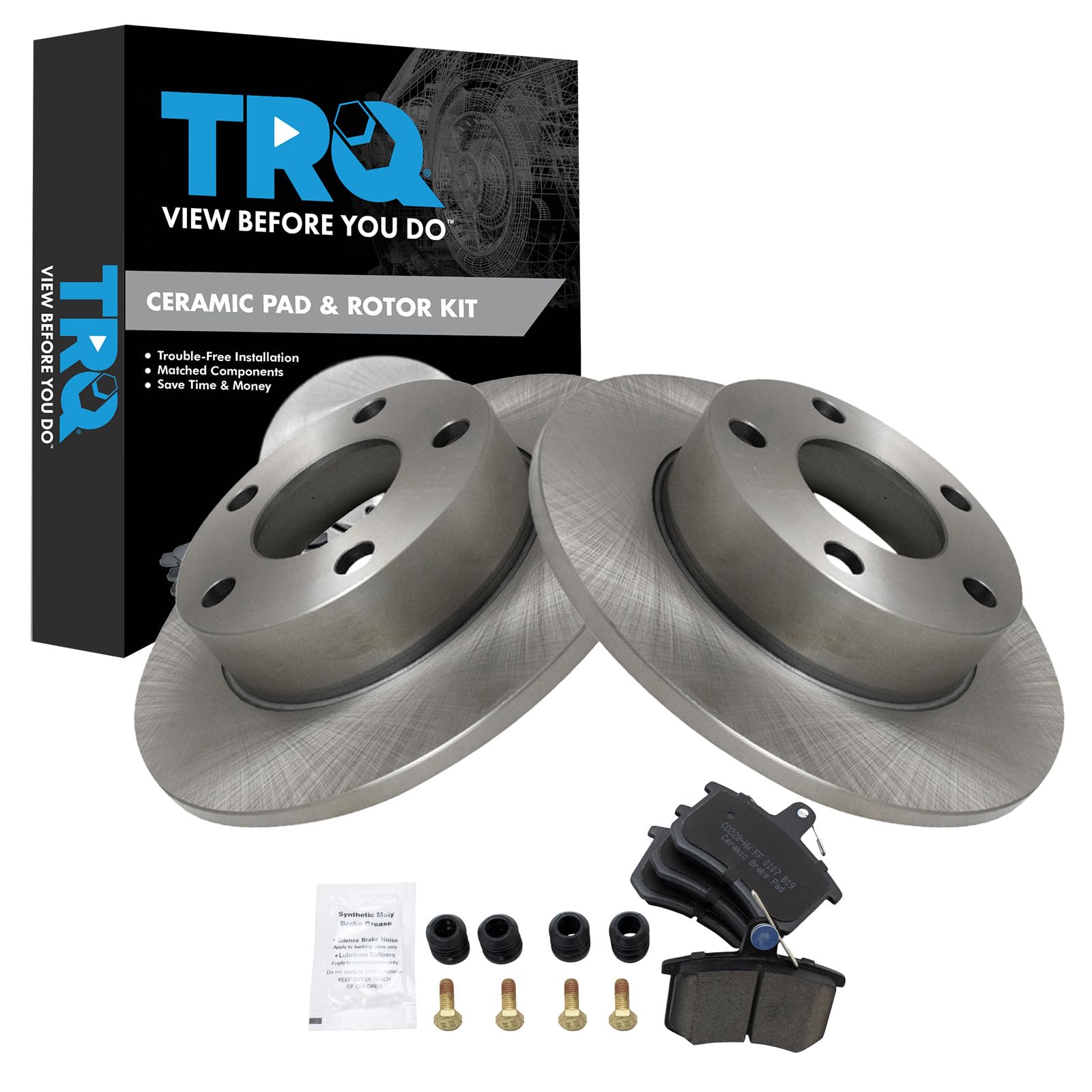TRQ Rear Brake Pad and Rotor Set Ceramic Solid Rotors 245mm Diameter Compatible with 1996-2002 Audi A4 Quattro 2002 S4