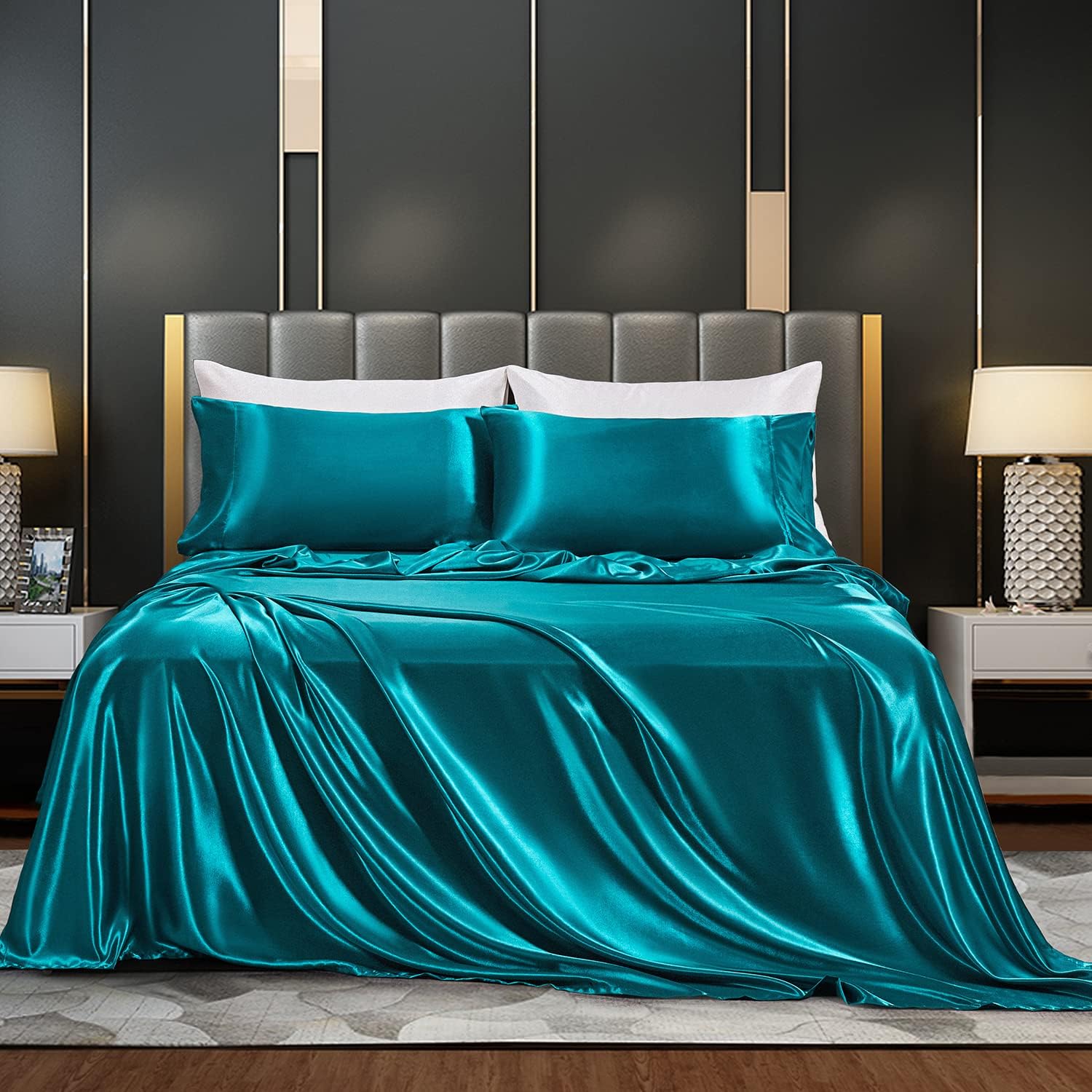 DuShow Blue Satin Bed Sheets,Double Size Sheets Set,Satin Silky 4 Pieces Bed Sheet Set with 15" Deep Pocket Fitted Sheet, 1 Soft Flat Sheet,2 Satin Pillowcase(Blue Double)
