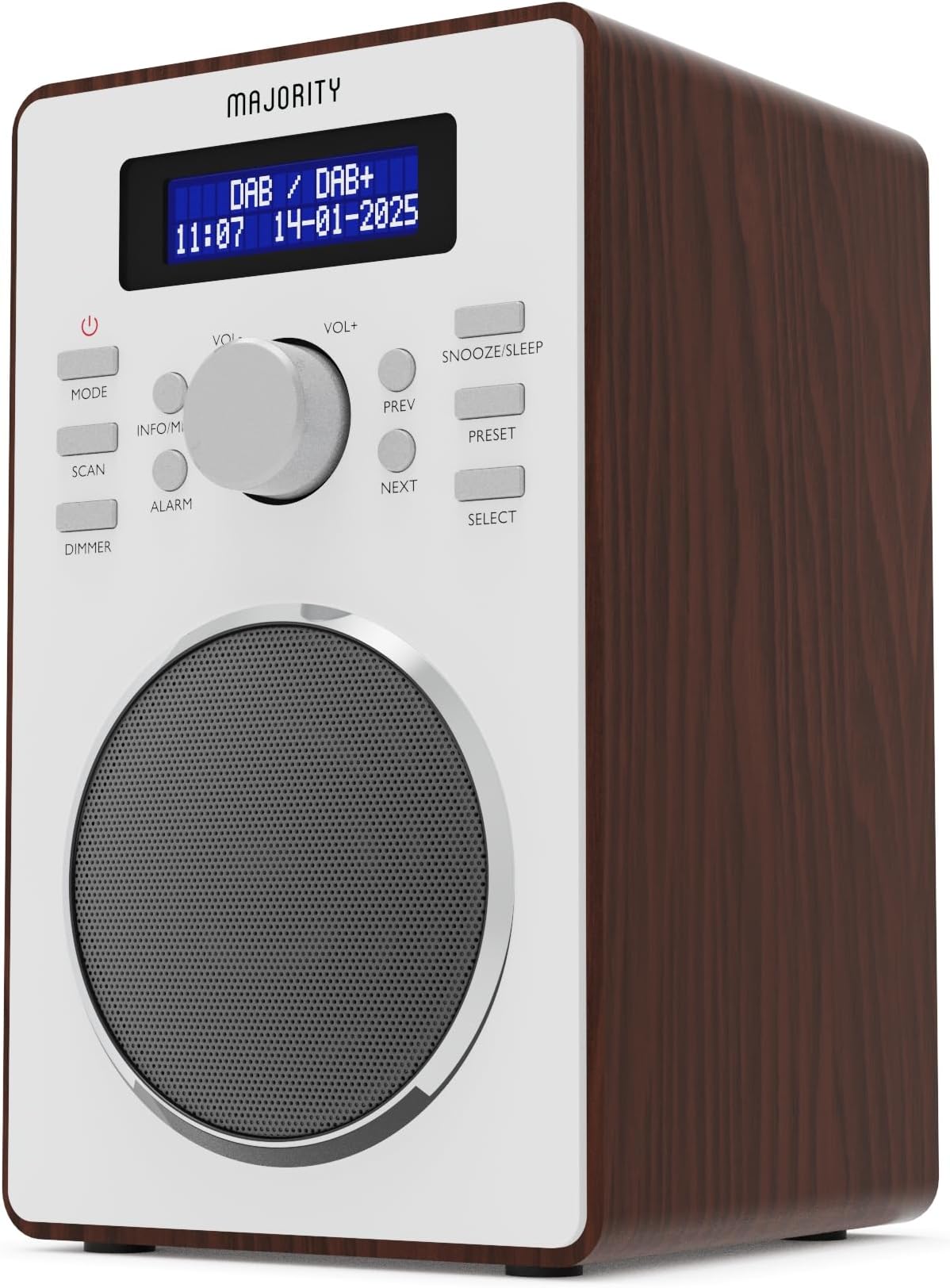 DAB/DAB+ Digital Radio | Solid Wood Cabinet | Kitchen & Bedside FM Radio with 20 Presets, Dual Alarm & Snooze Function | LED Display & 3.5mm Jack | MAJORITY Barton (Walnut)