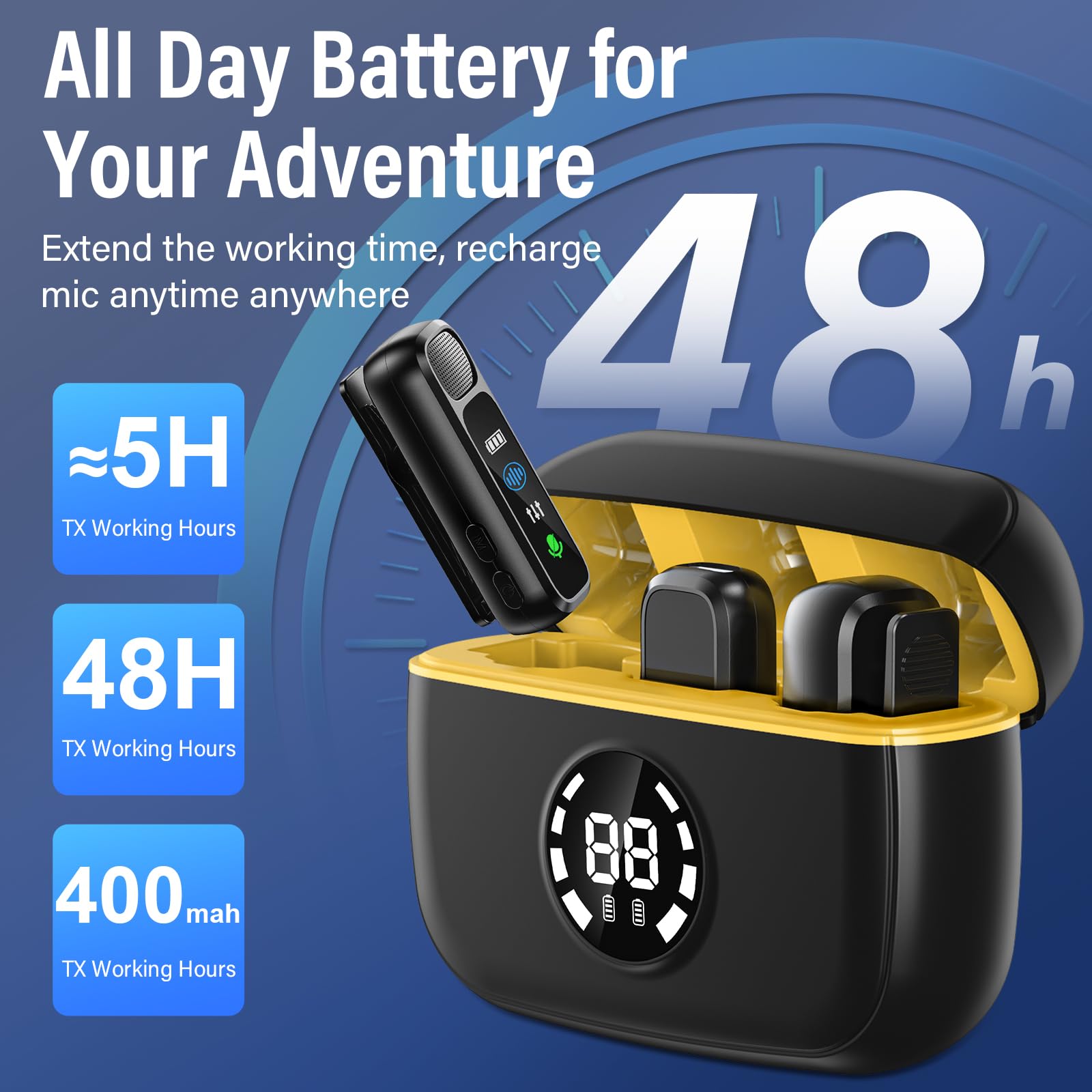 Microfono Lavalier Wireless,Mini Microfono Vlog con Display Digitale, Custodia di Ricarica,Cancellazione del Rumore,Microfono Wireless Lavalier 3 in 1 per La Registrazione Video (Giallo)