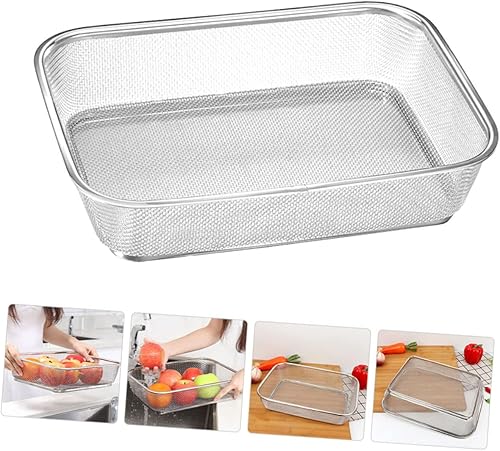Miniatura 5 de HOMSFOU Bandeja de malla Contenedor de metal de uva, fruta, cesta de frutas, colador, colador, colador, cesta de fregadero de verduras, acero