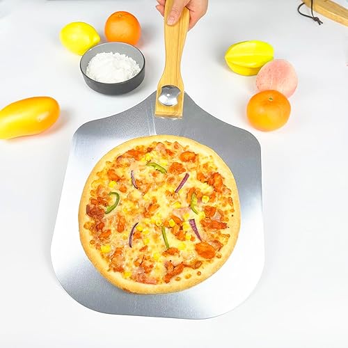 Miniatura 2 de KLAQQED Pala de pizza de 12 x 14 pulgadas, espátula de pizza para pizza, cortador de pizza, juego de cáscaras de pizza grande con mango plegable,
