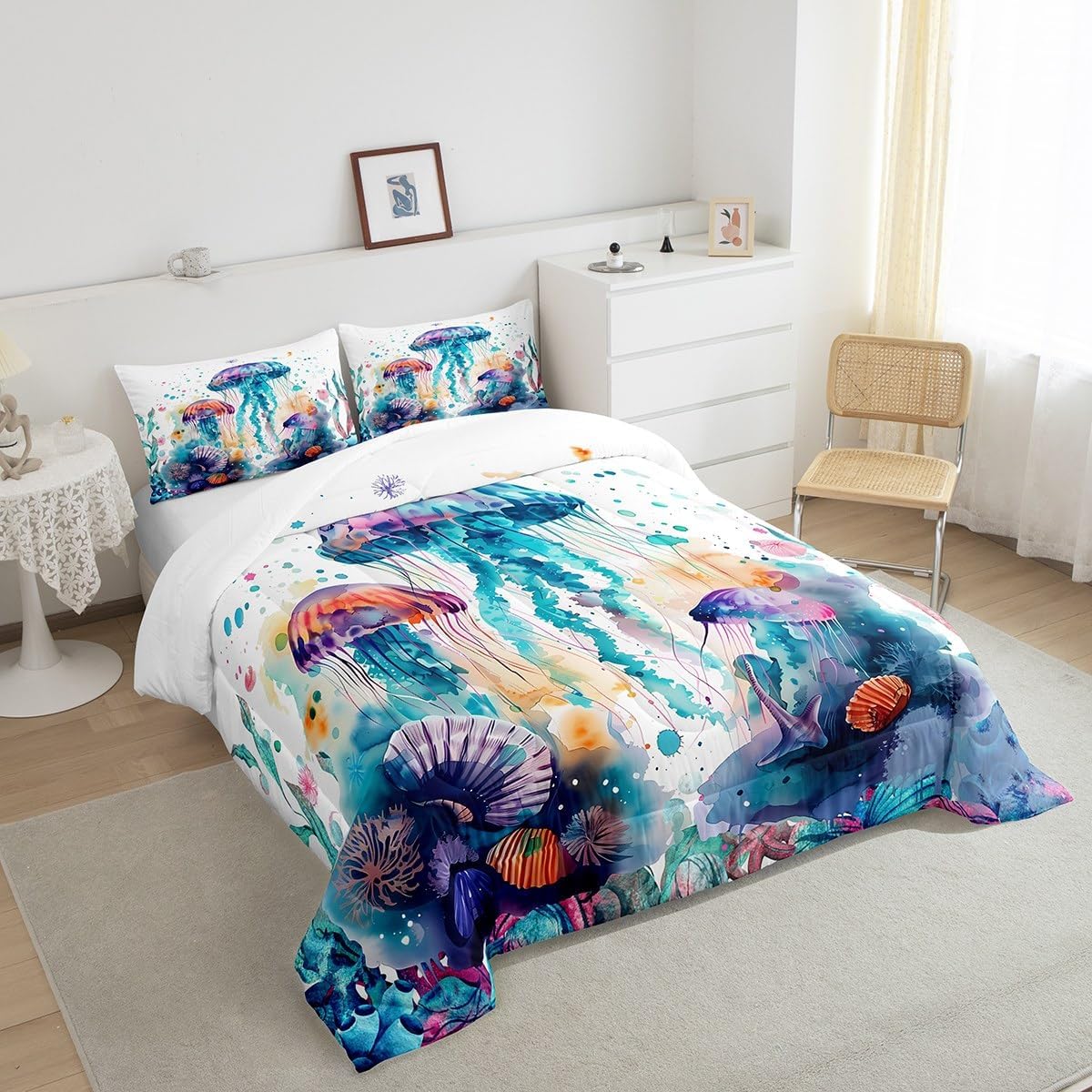 Feelyou Jellyfish Comforter Set Queen Size Kids Ocean Comforter for Boys Girls Teens Sea Creature Underwater World Bedding Set Breathable Marine Life Sealife Duvet Set Room Decor Quilt Set