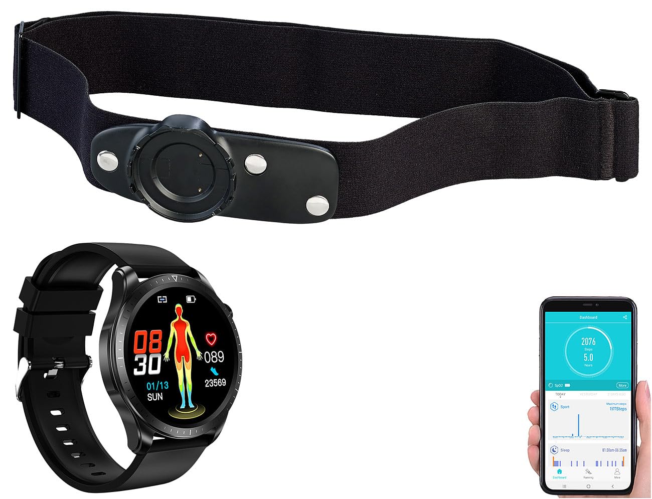 newgen medicals monitor della frequenza cardiaca: Fitness smartwatch con fascia toracica, Display a colori Full-Touch, Contapassi (orologio ECG, smartwatch frequenza cardiaca pressione sanguigna)
