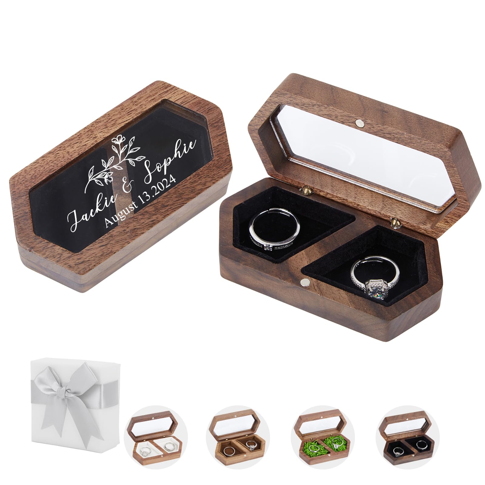 Relosy Personalized Wooden Ring Box - Custom 2 Slots Ring Holder Box with Clear Window,Travel Ring Earrings Jewelry Storage Daily Organizer,