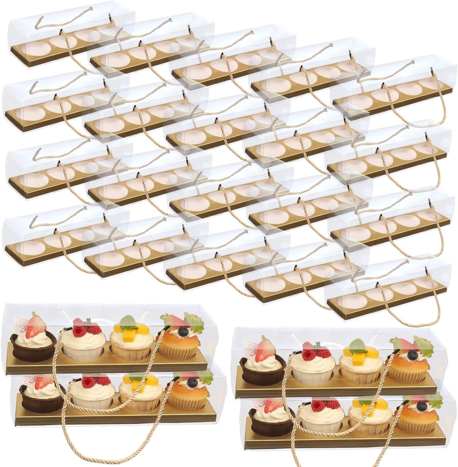 Clear Cupcake Boxes with Handle, 24 Pcs 4 Bakery Cake Boxes, Rectangular Cupcake Containers, Transparent Treat Boxes, Gift Boxes for Wedding Party, Dessert Packaging,12 x 3 x 3 Inch (Gold)