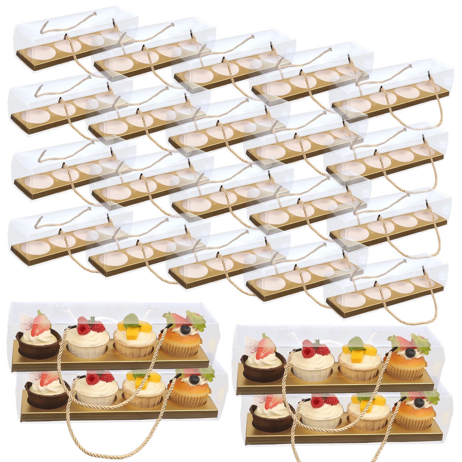 Transparente Cupcake-Boxen mit Griff, 24 Stück, 4 Bäckerei-Kuchen-Boxen, rechteckige Cupcake-Behälter, transparente Leckerli-Boxen, Geschenkboxen für Hochzeit, Party, Dessert-Verpackung,